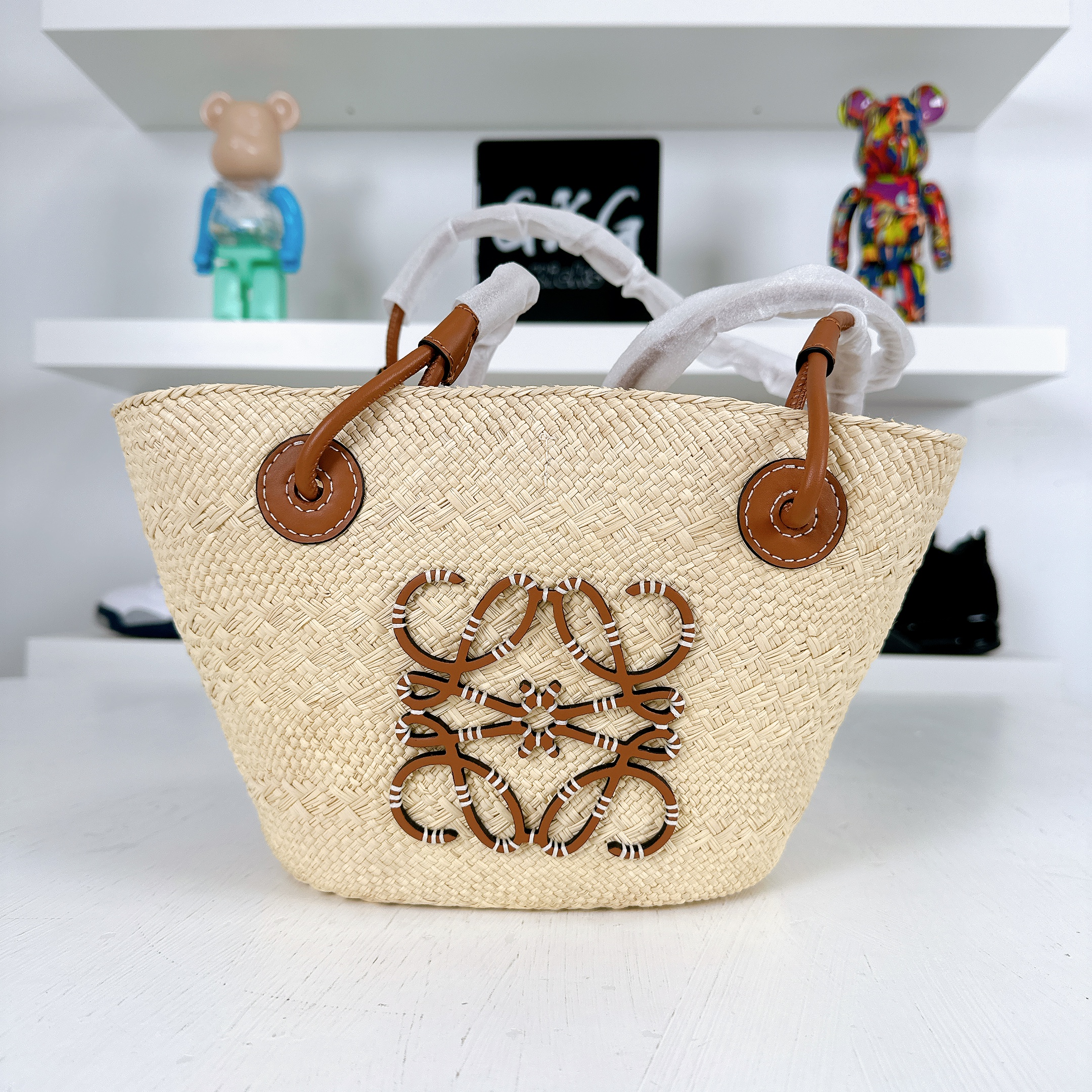 LOEWE Iraca Palm Calfskin Anagram Basket Bag