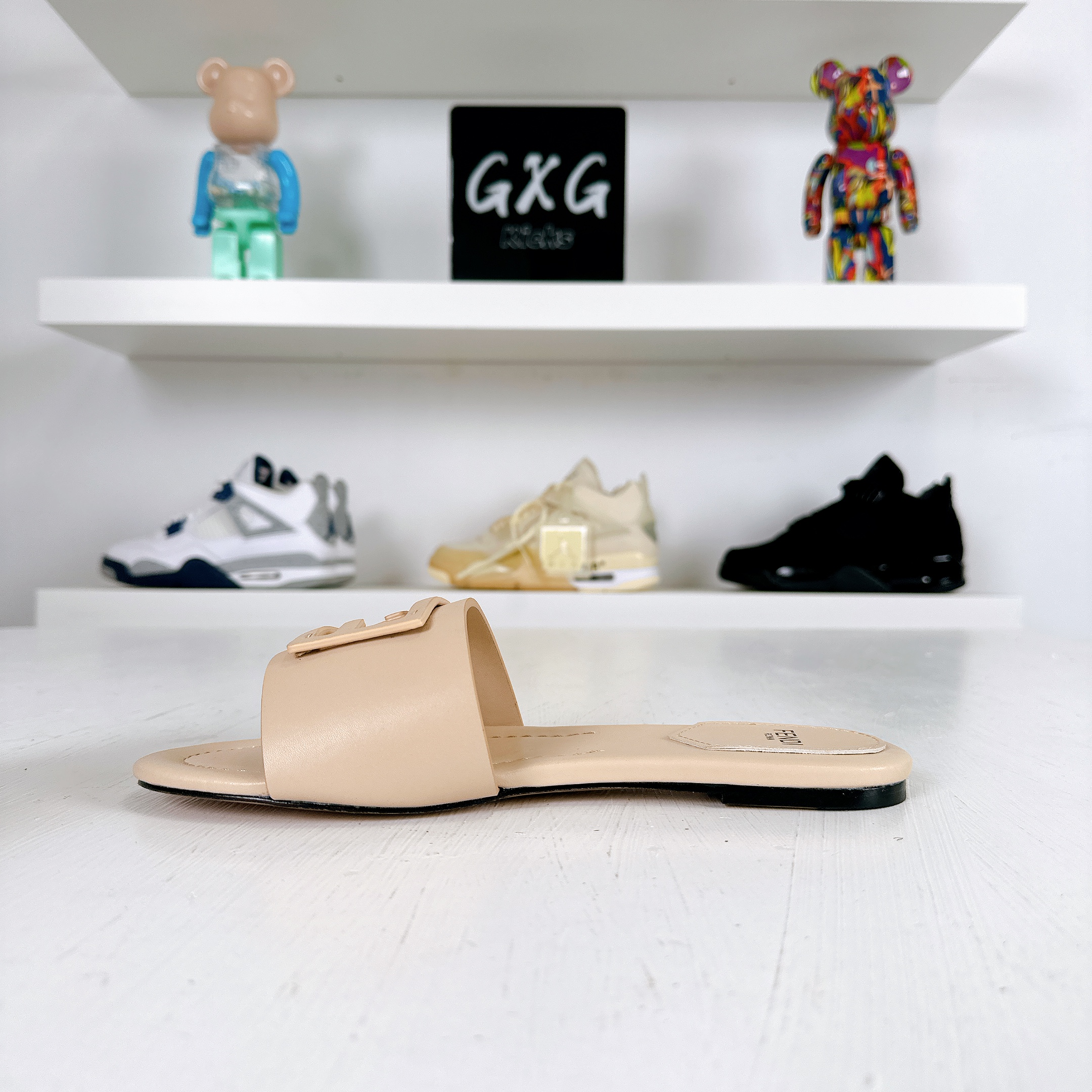 Fendi Beige Leather FF Flat Slides