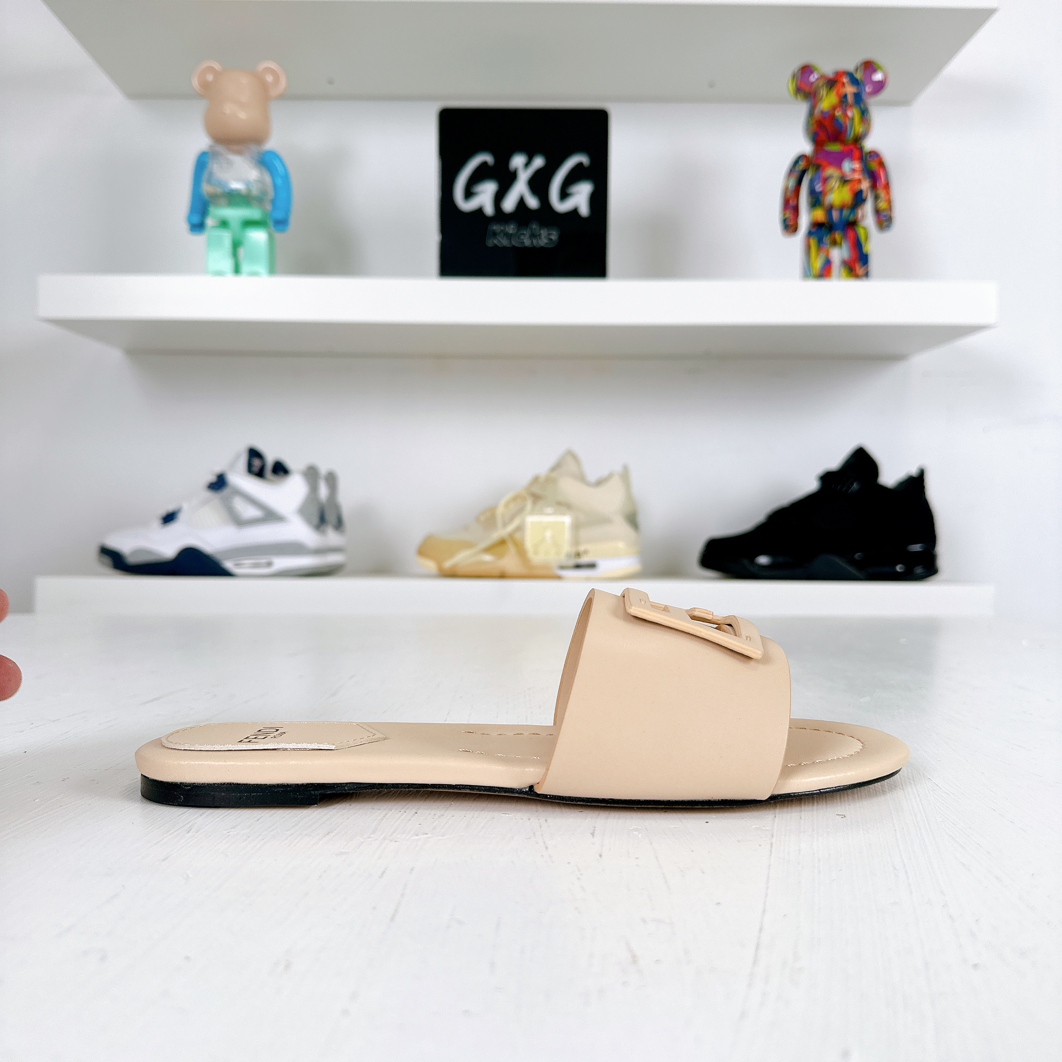 Fendi Beige Leather FF Flat Slides