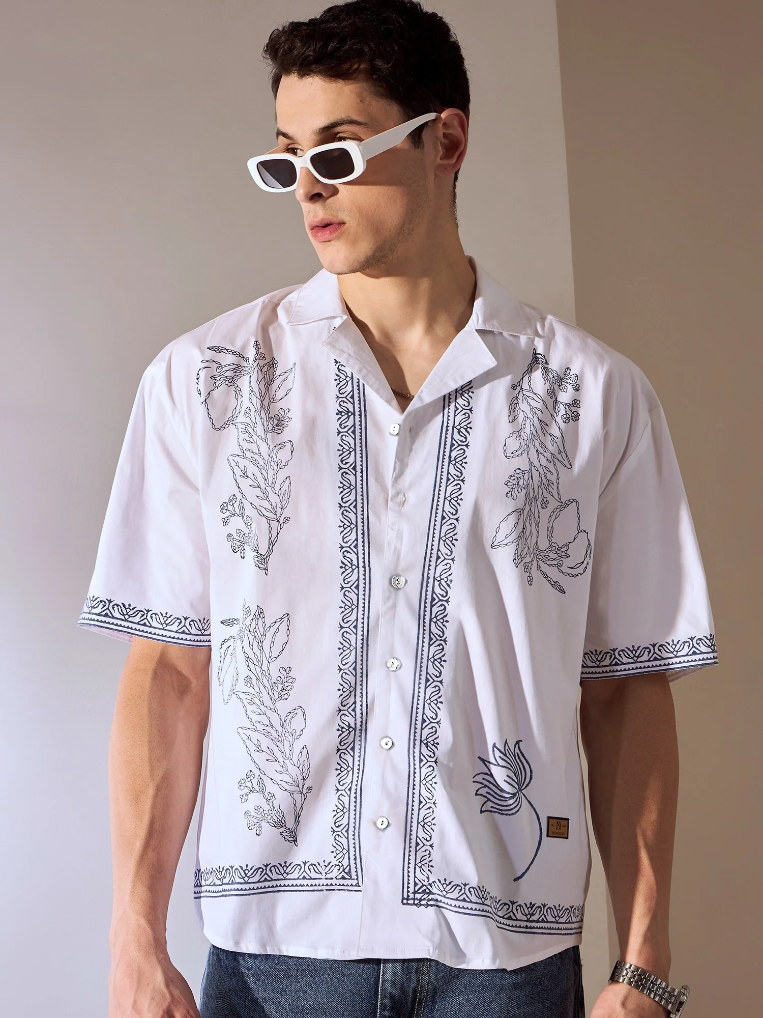 Off White: Half Sleeves Hand Block Oversized Shirt