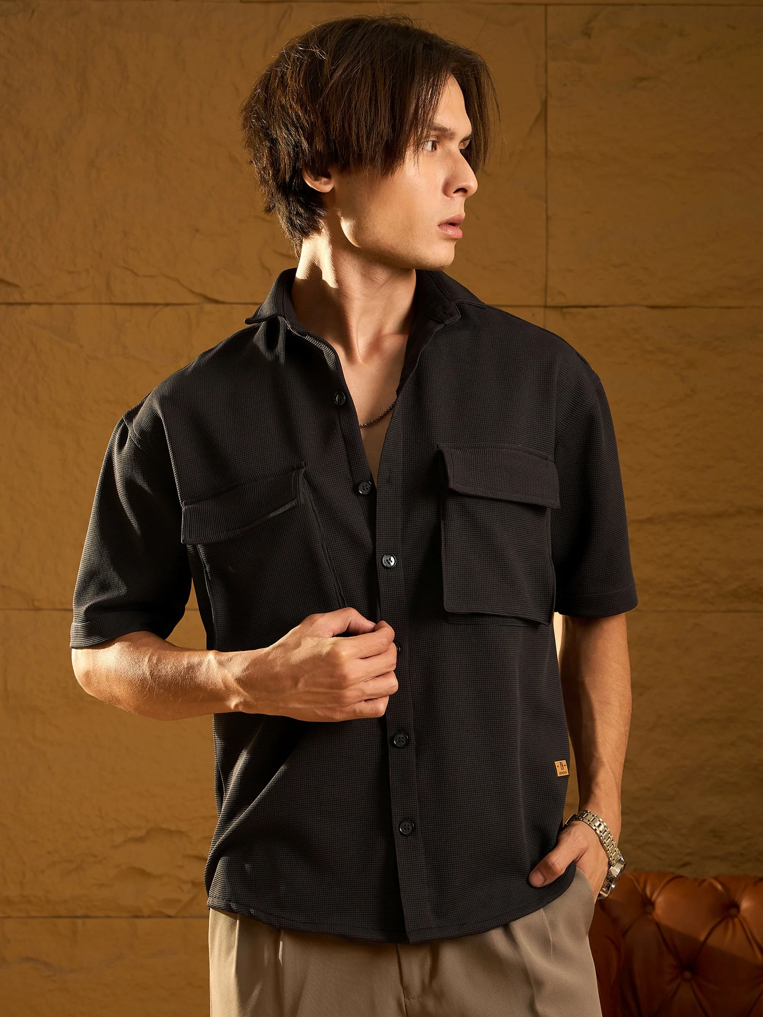 Double Pocket Drop Shoulder Oversized Stretchable Shirt