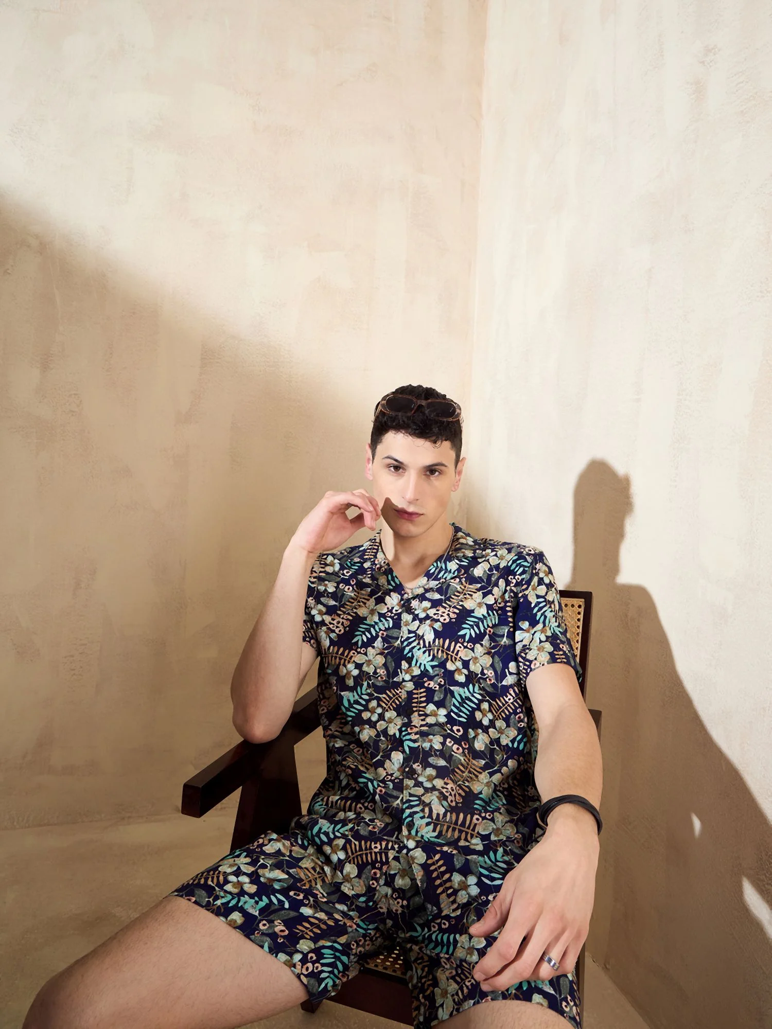 Men's Navy Blue Comfort Fit Coord Set | Printed Shirt With Shorts