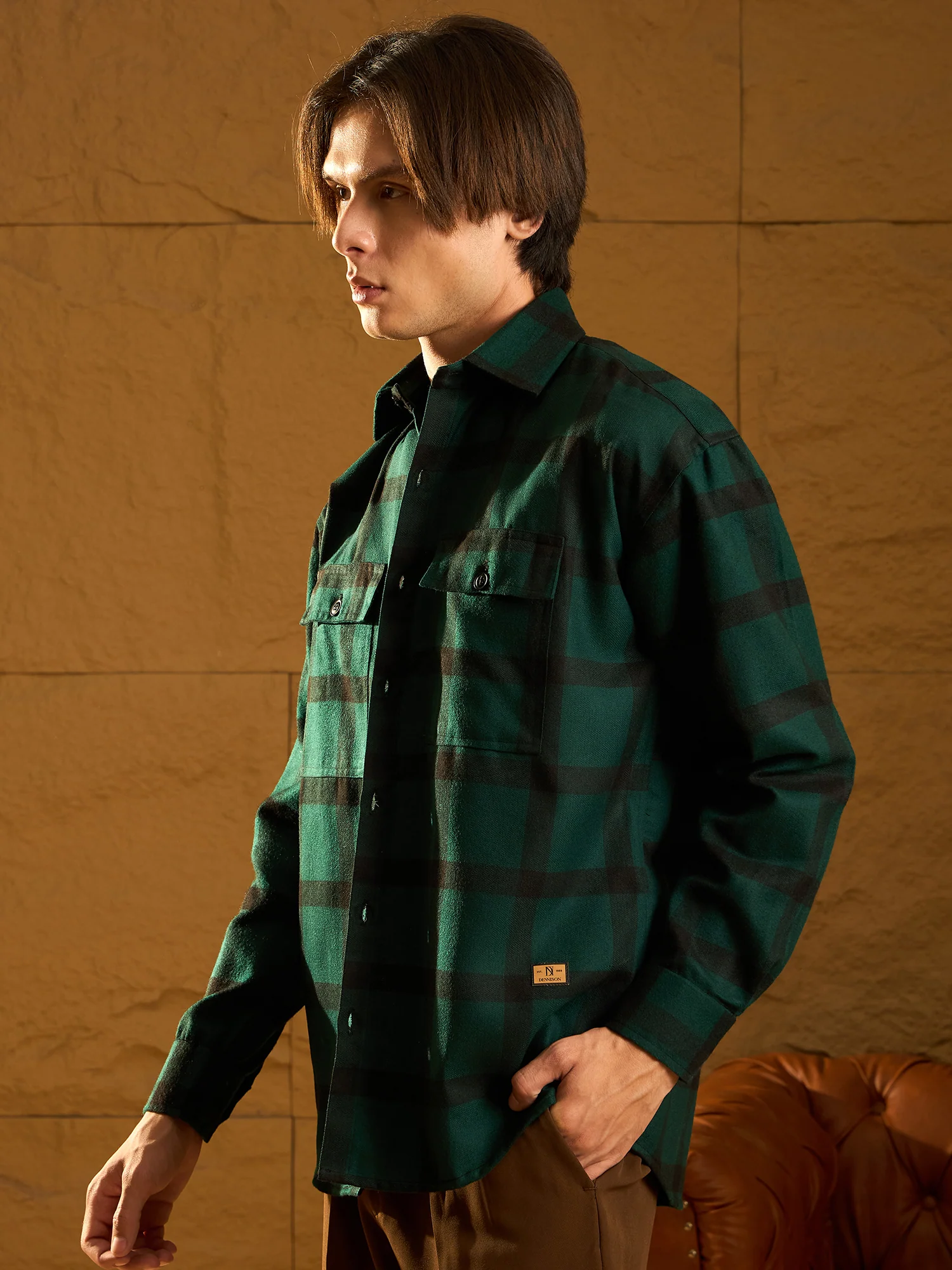 Green Checked Cotton Oversized Shacket