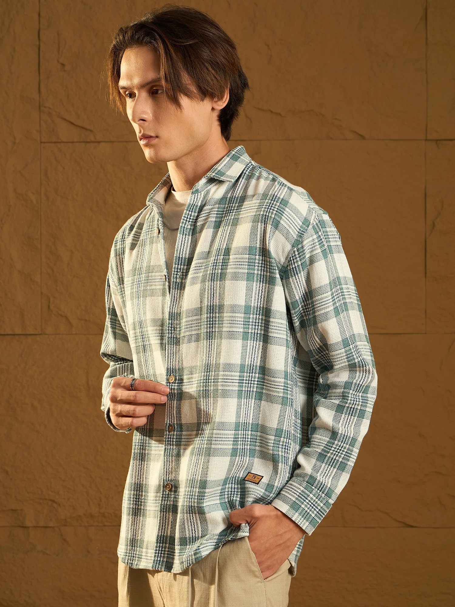 Green: Full Sleeves Windowpane Checked Shirt