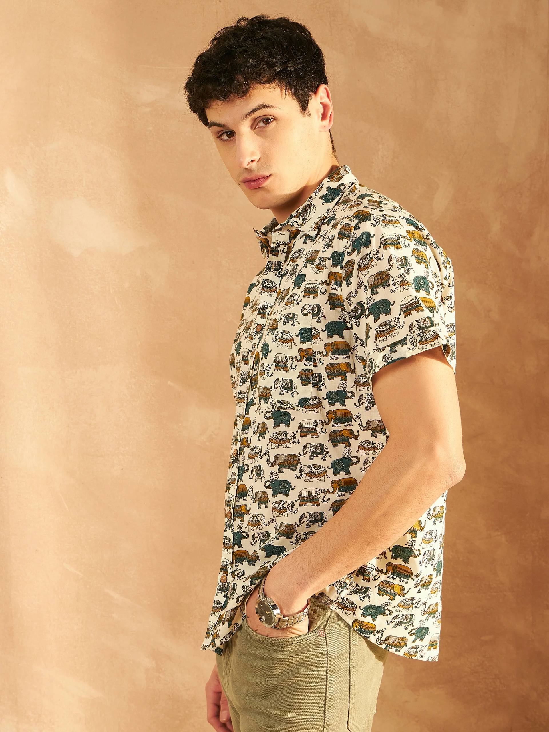 Cream & Mustard: Half Sleeves Block Printed Shirt