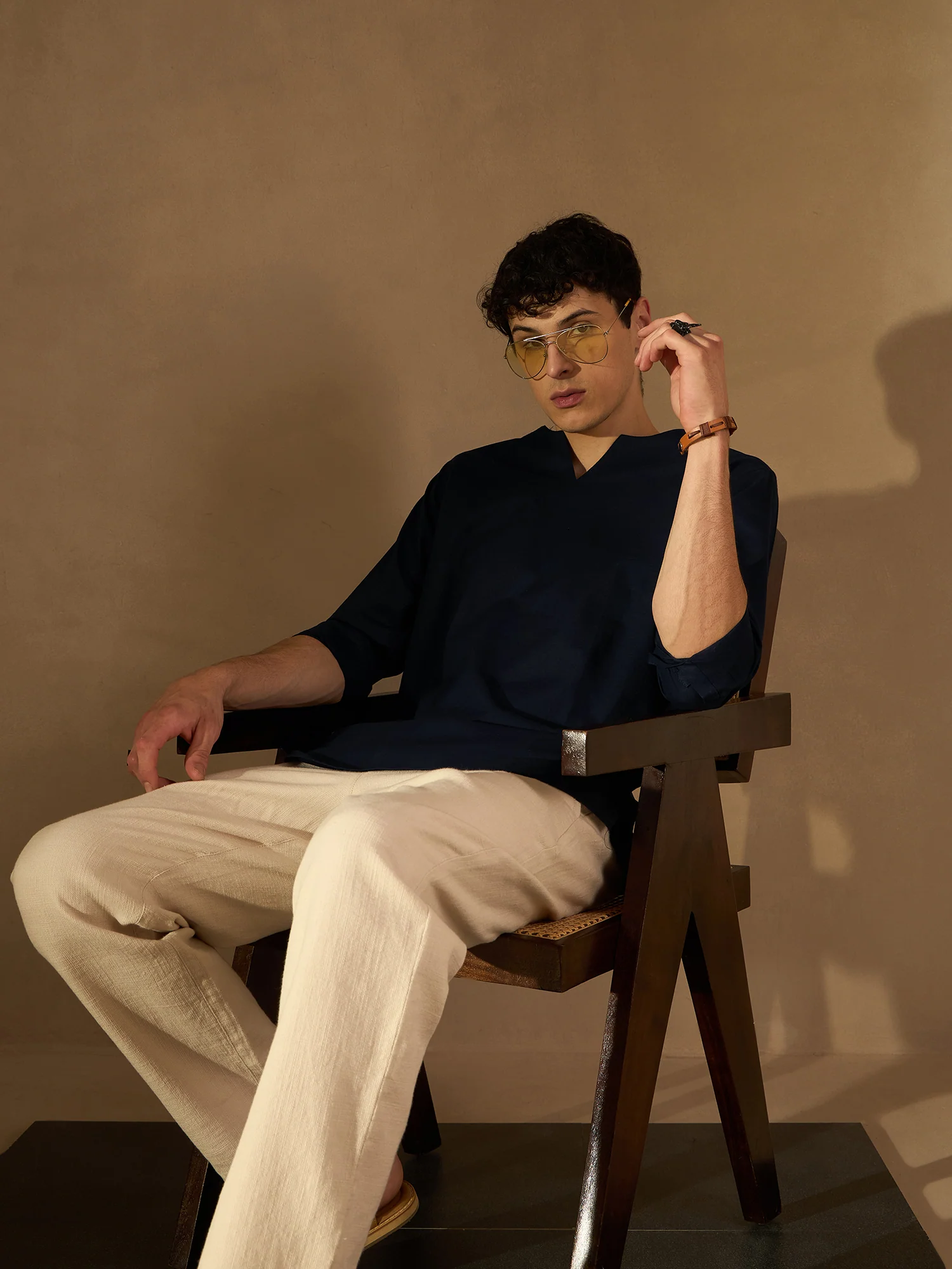 DENNISON Men Navy Blue Solid Pure Cotton Indigo Kurta
