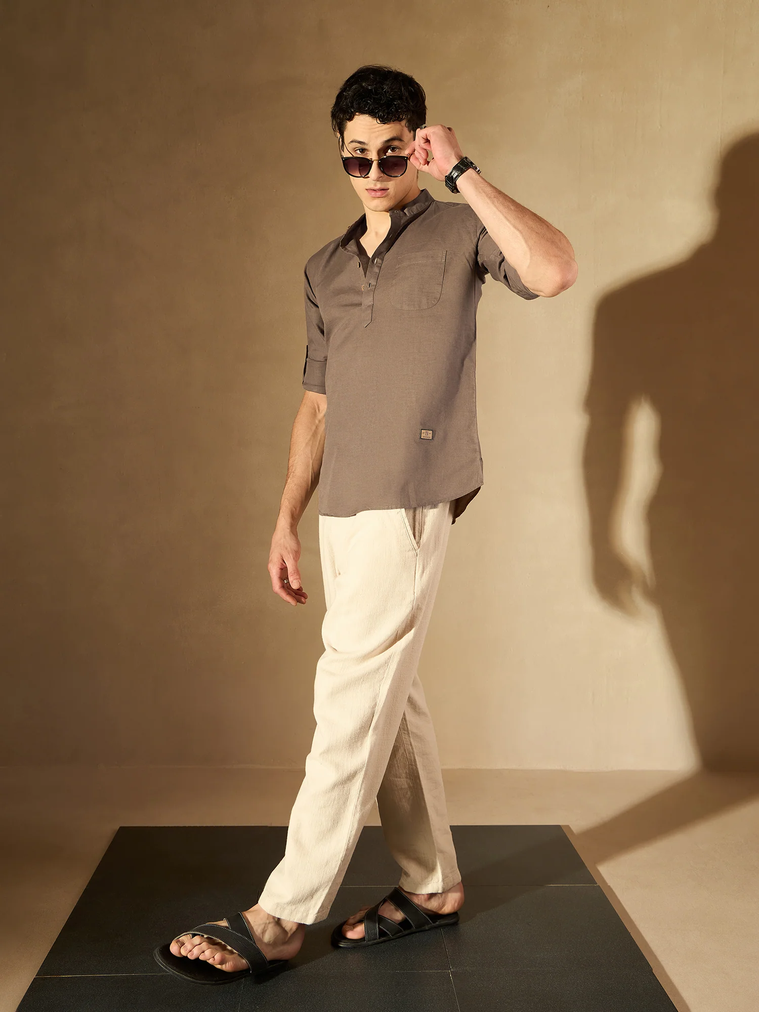 Brown: Band Collar Short Kurta