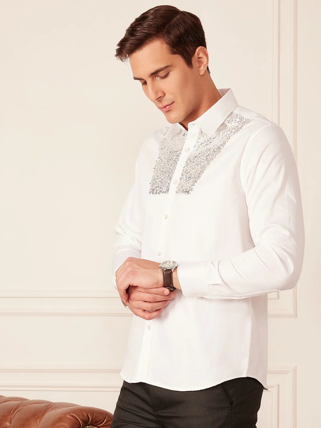 White: Full Sleeves Smart Sequinned Party Shirt