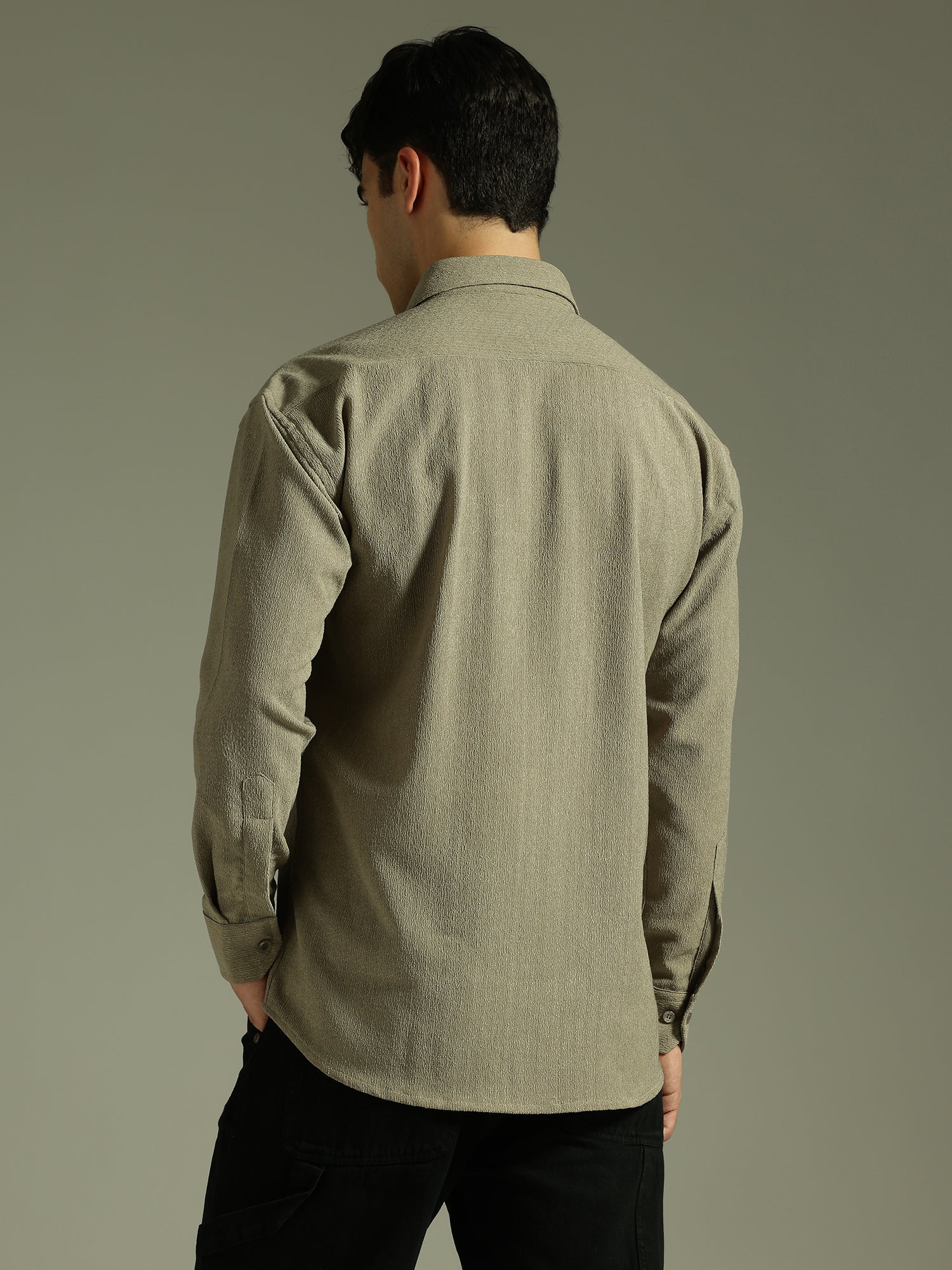 Light Olive: Textured Drop Shoulder Casual Shirt
