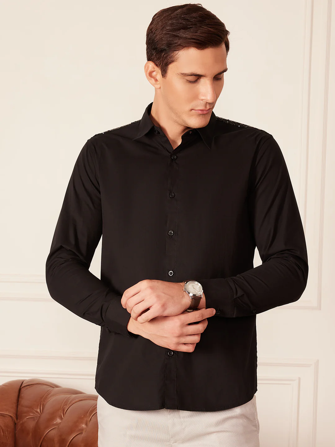 Black: Full Sleeves Seqinned Shoulder Party Shirt