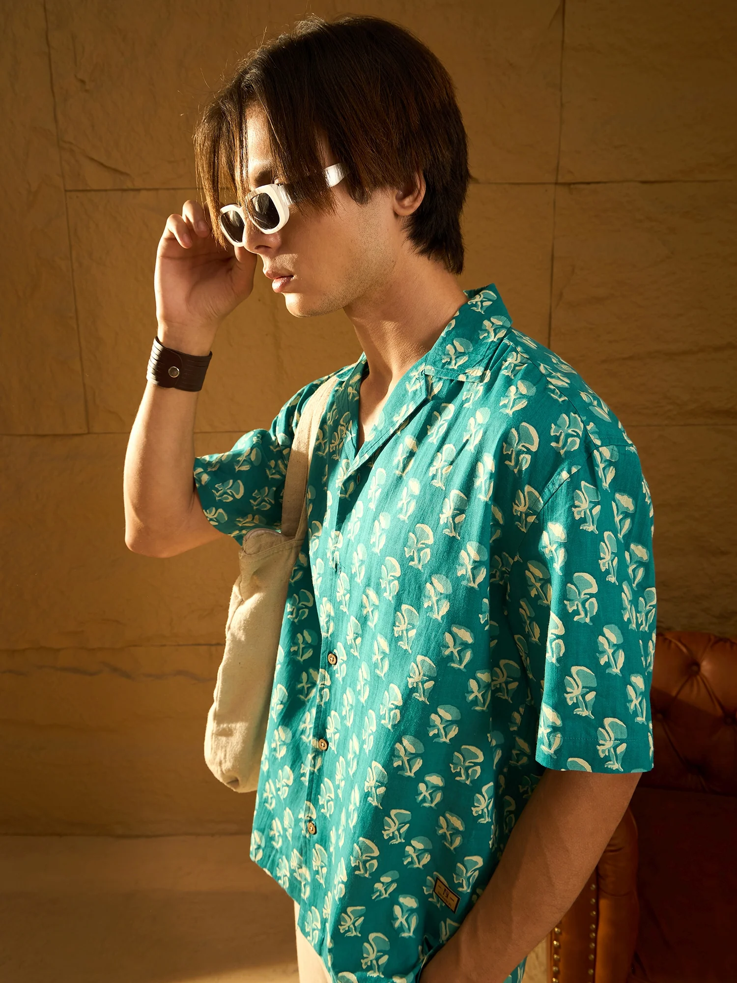 Blue and Cream: Half Sleeves Floral Printed Oversized Shirt