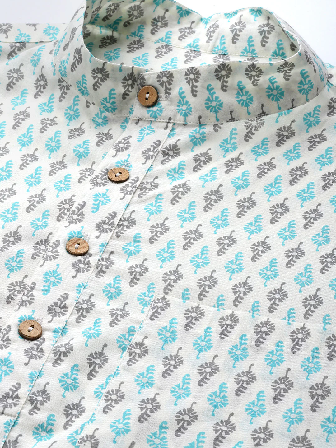 DENNISON Men White & Blue Block Printed Kurta