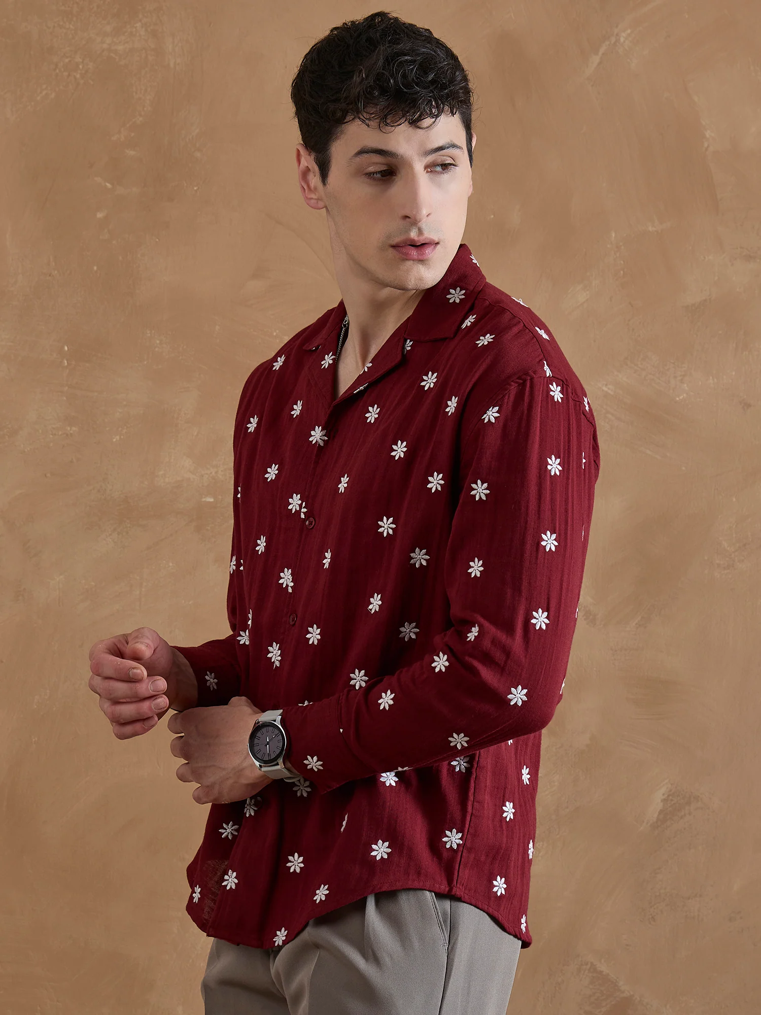 Red: Full Sleeves Muslin Embroidered Shirt