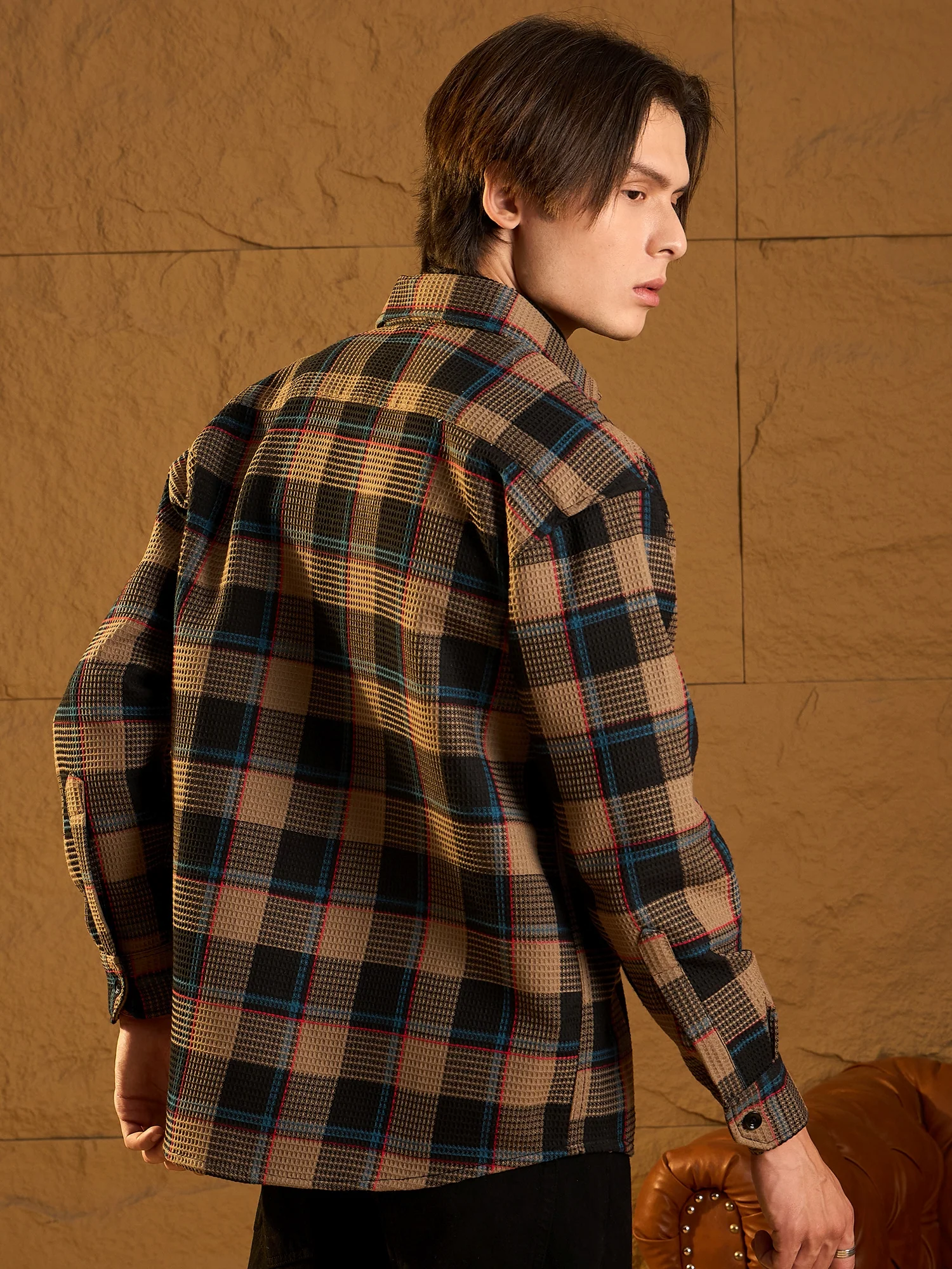 Brown & Black: Oversized Cotton Checked Shacket