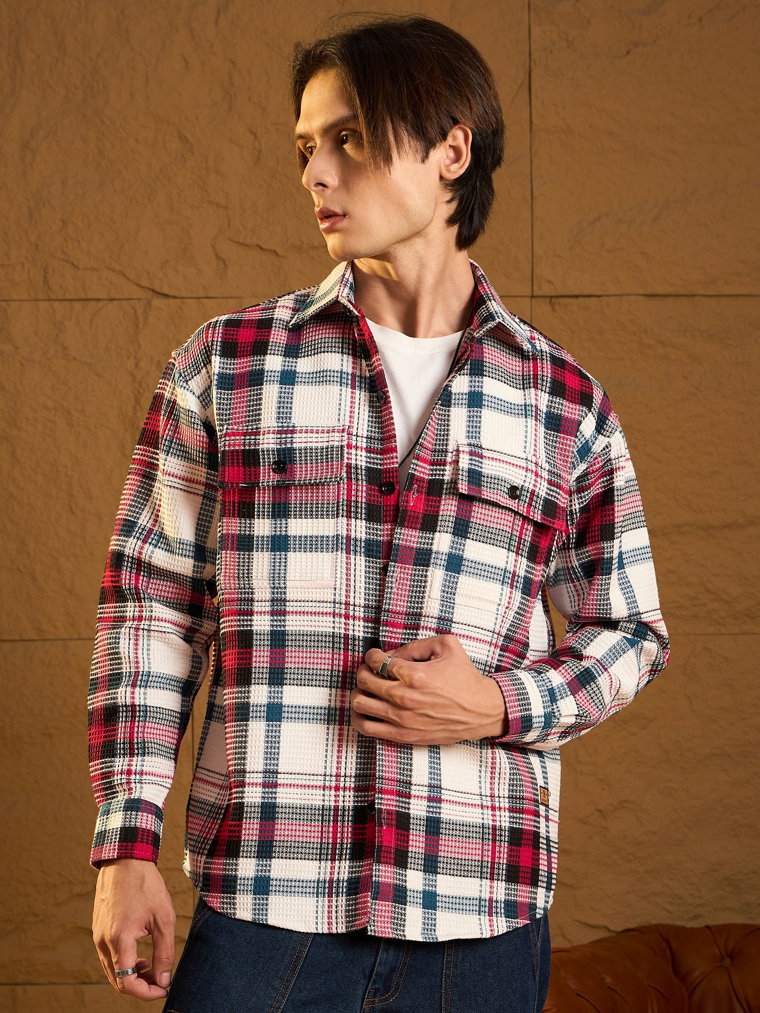 White & Red: Oversized Cotton Checked Shacket