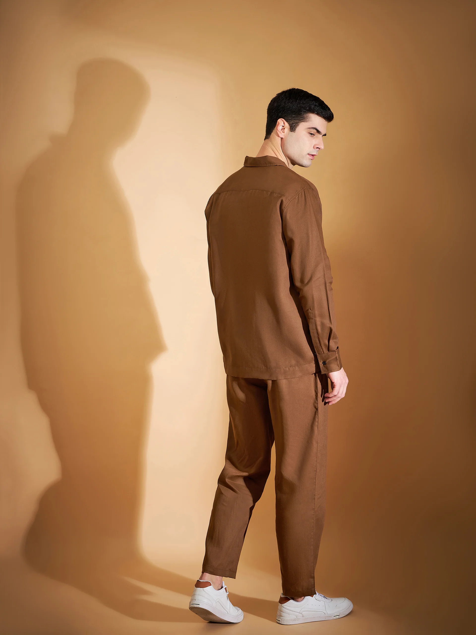 DENNISON Men Brown Coord Set | Solid Shirt With Straight Fit Pant