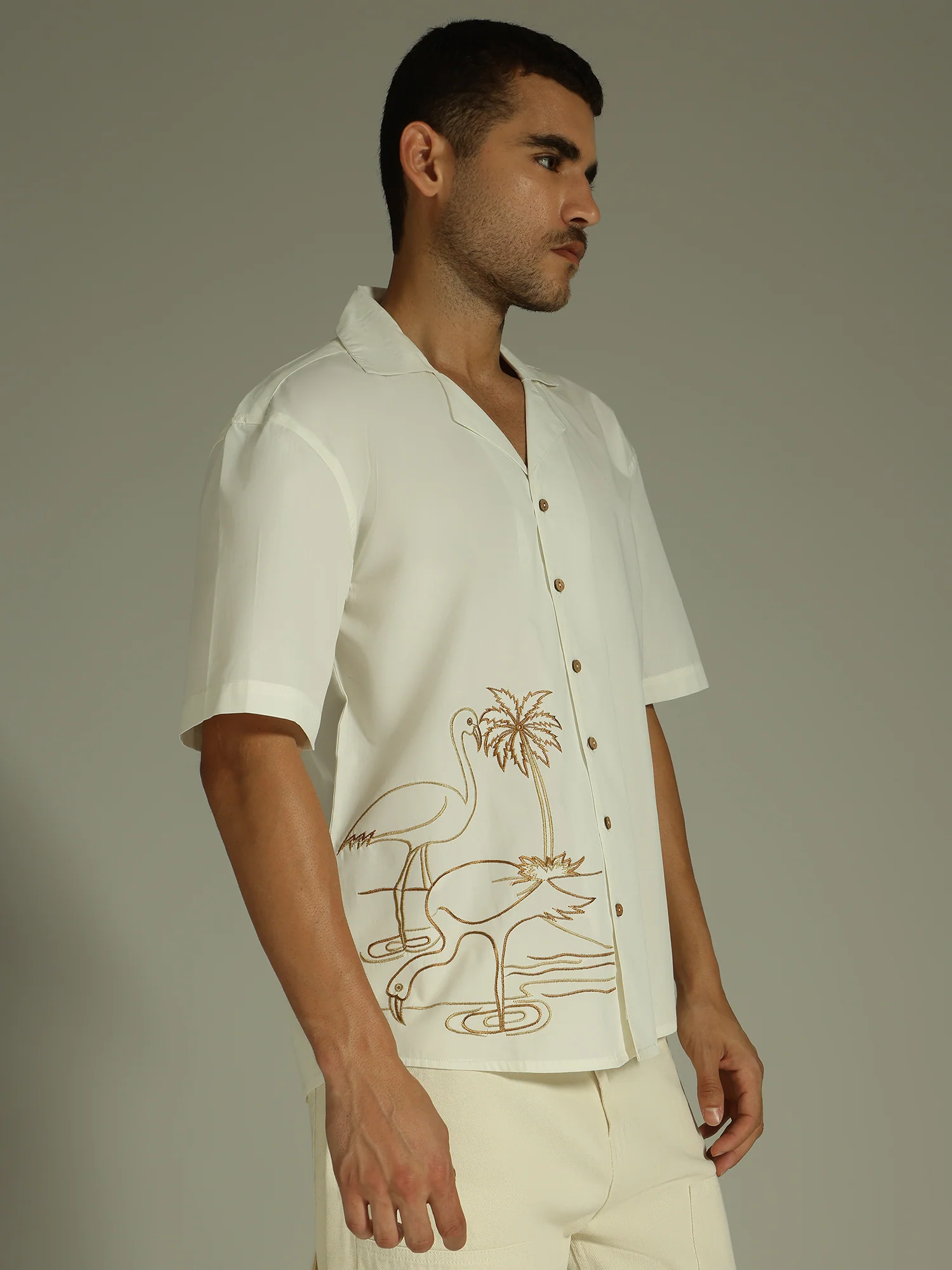 White & Brown: Embroidered Drop Shoulder Oversized Shirt