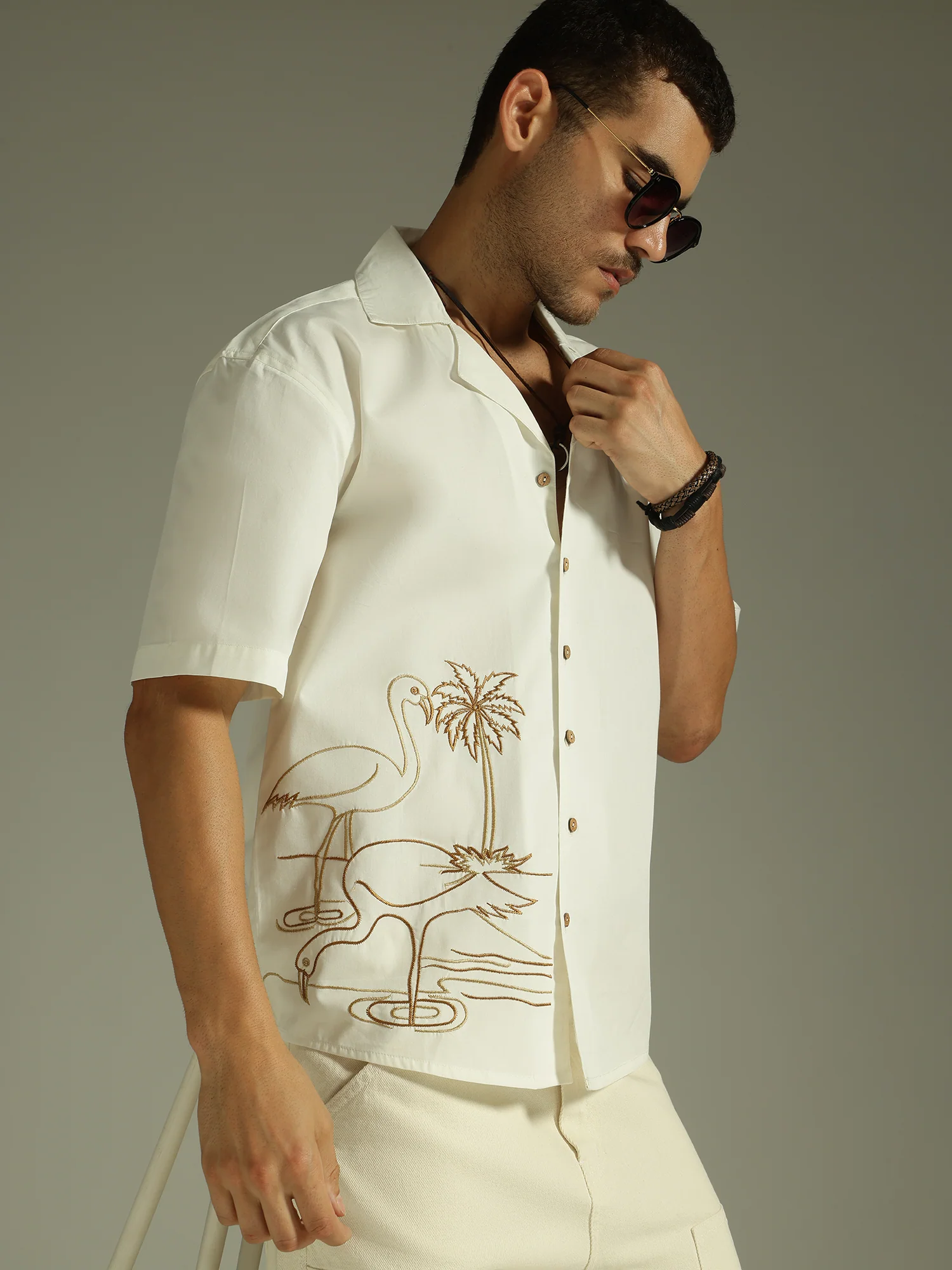 White & Brown: Embroidered Drop Shoulder Oversized Shirt