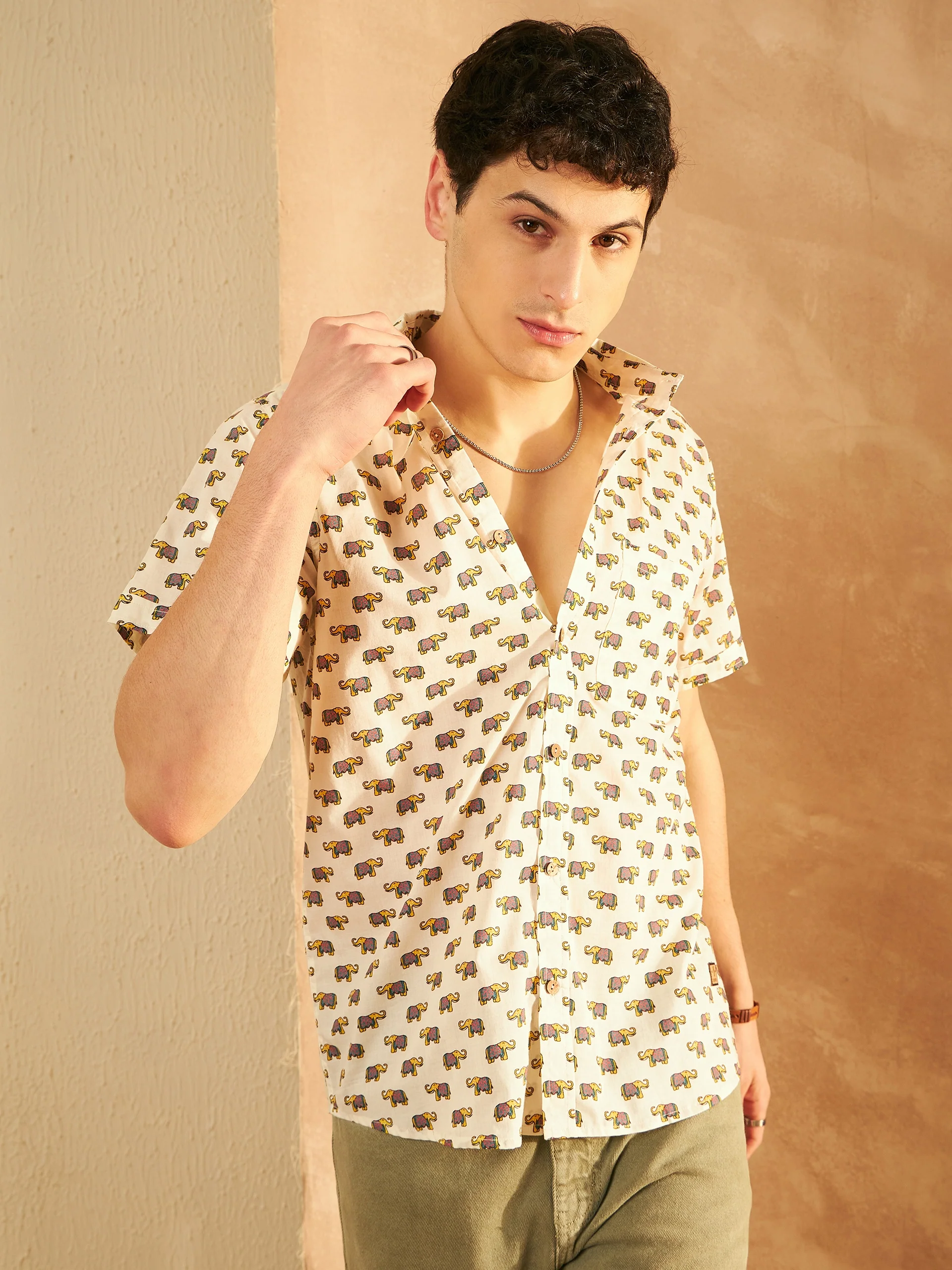 Cream & Mustard: Half Sleeves Block Printed Shirt