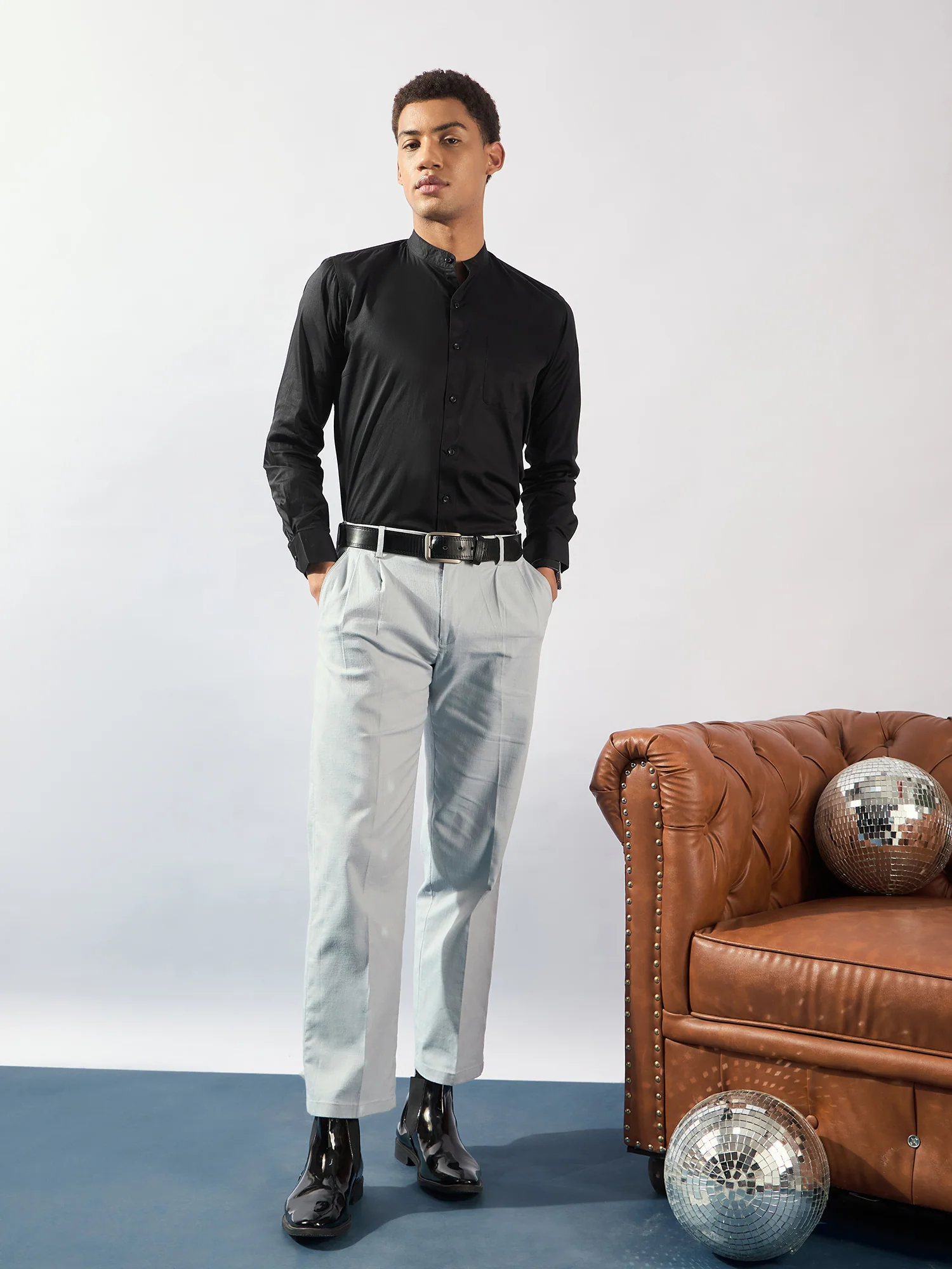 Black Mandarin Collar Cotton Casual Shirt