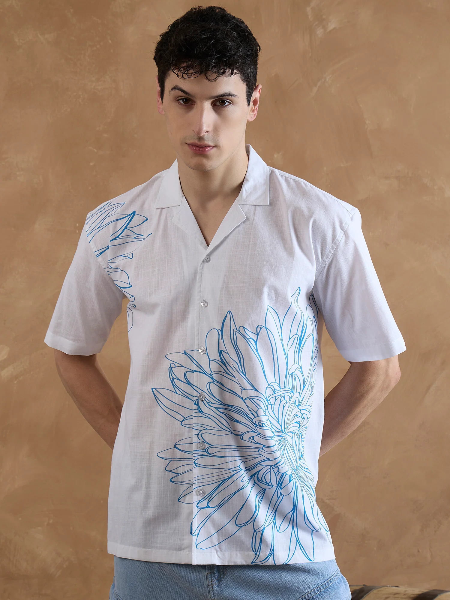 White & Blue: Half Sleeves Printed Shirt