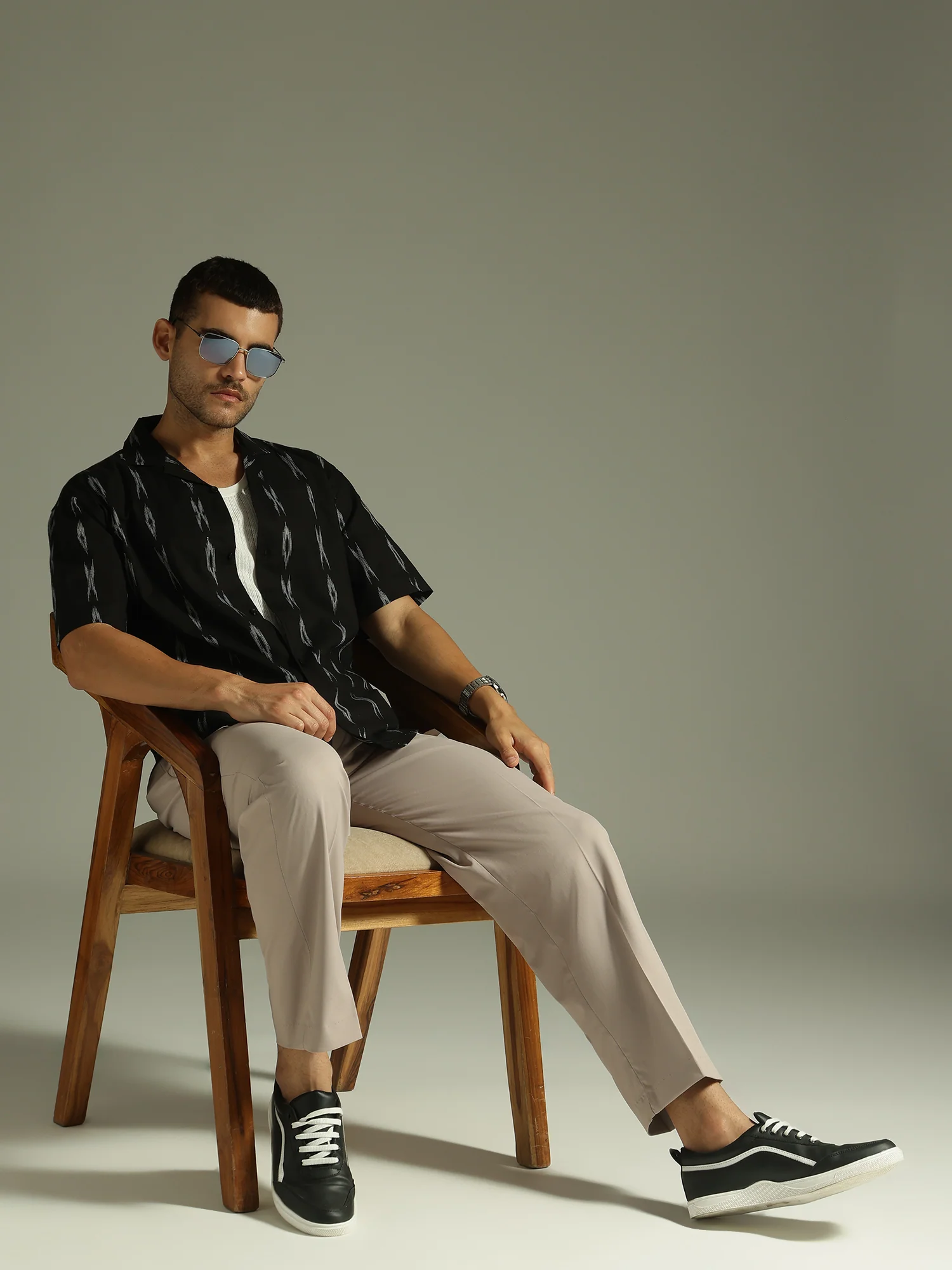 Black: Ikat Embroidered Casual Shirt