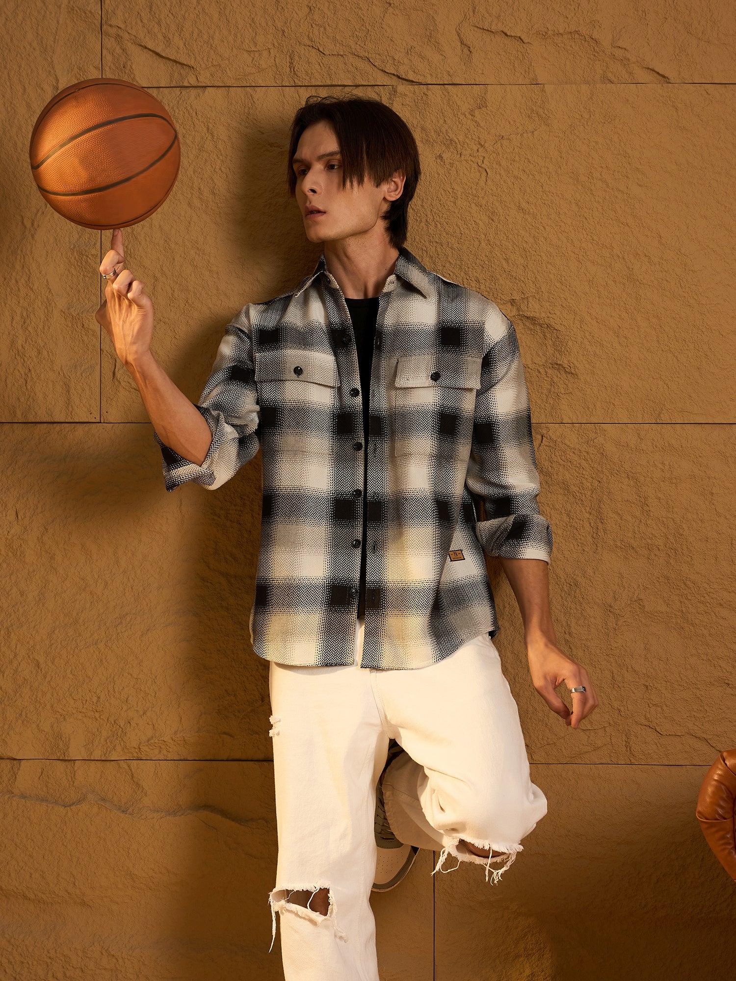 Black & Grey: Oversized Cotton Checked Shacket