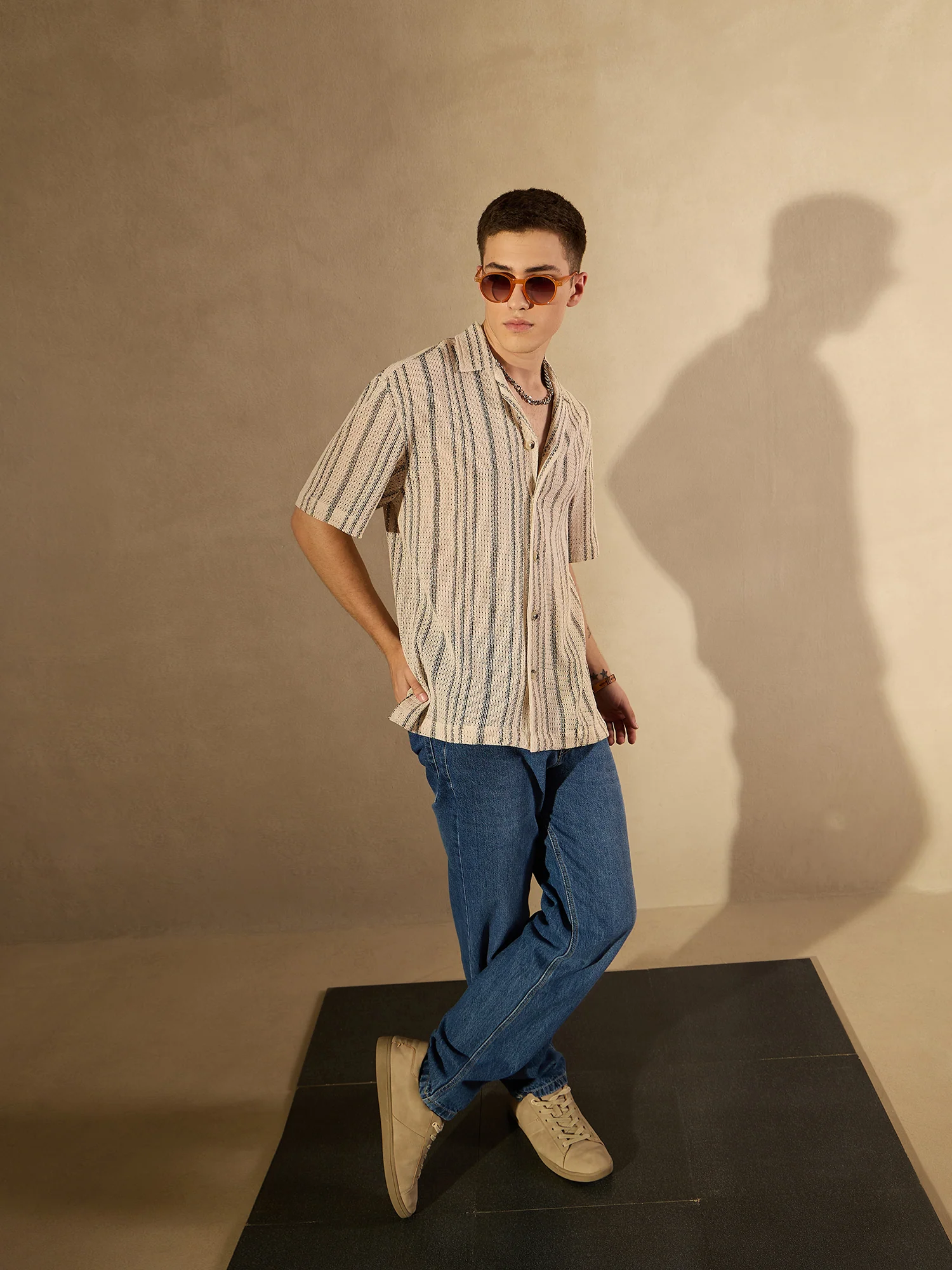 Cream & Black: Half Sleeves Crochet Oversized Striped Shirt