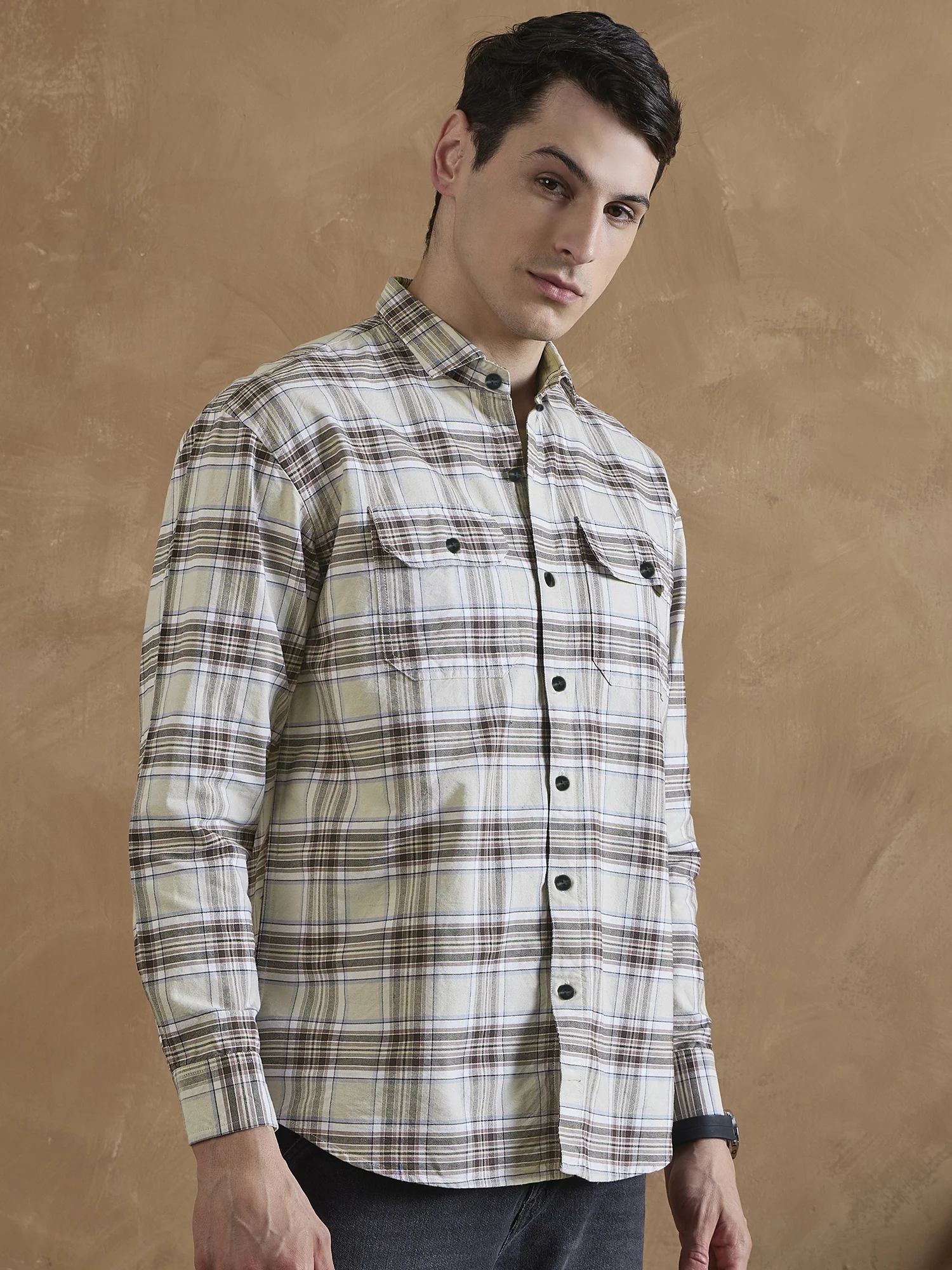 Cream & Brown: Full Sleeves Double Pocket Checkered Shirt