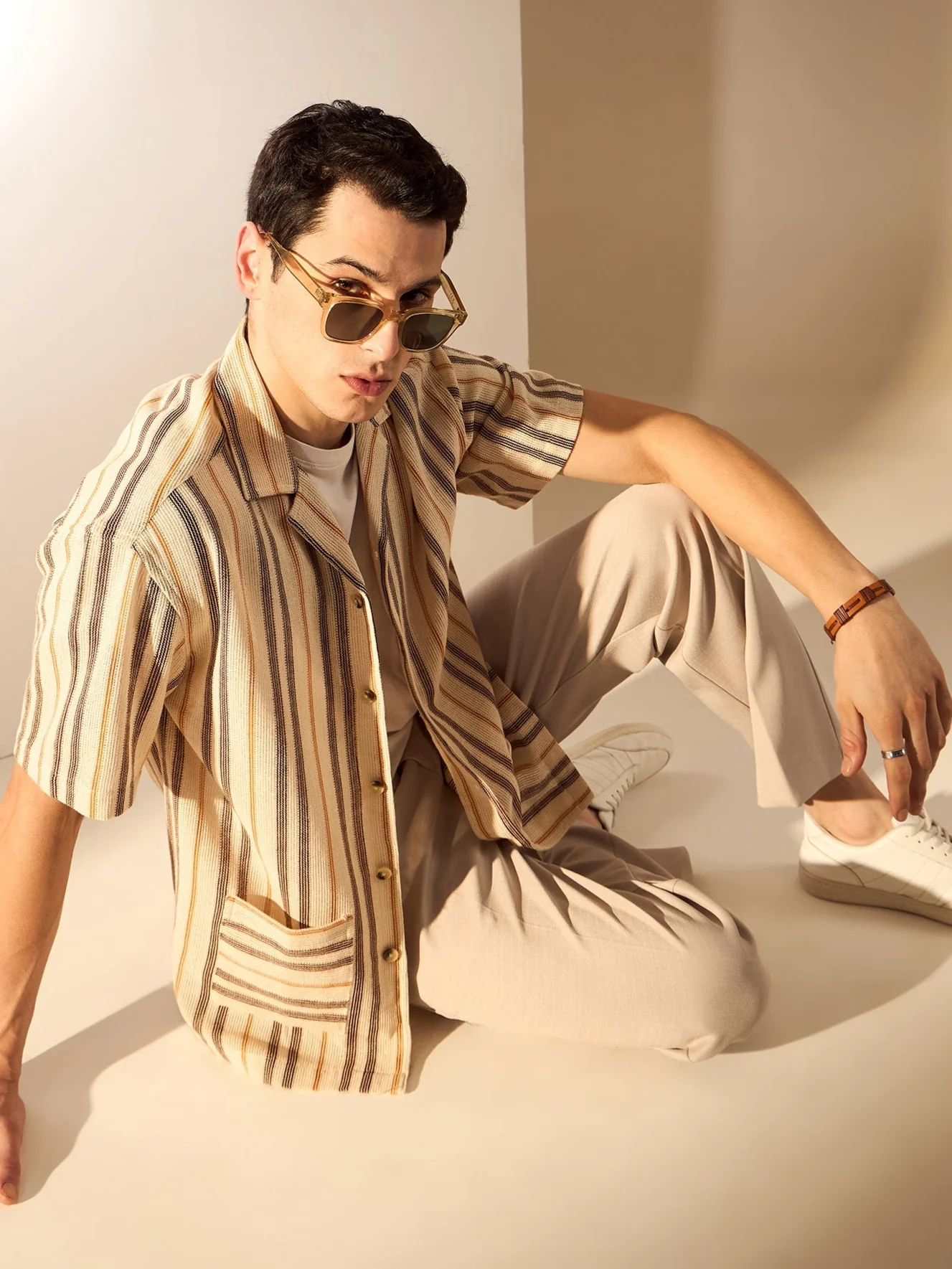 Beige & Brown: Half Sleeve Crochet Oversized Striped Shirt