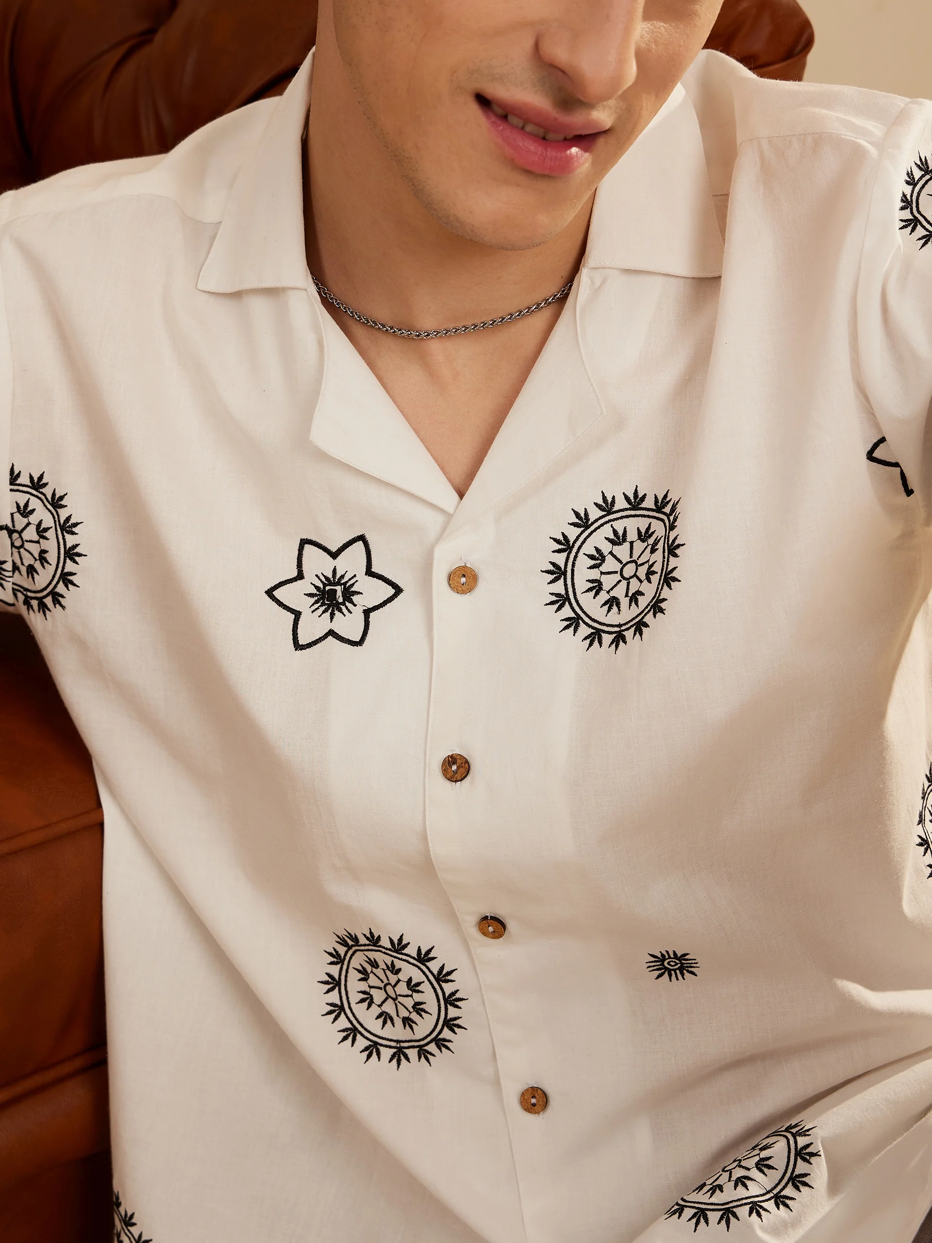White: Half Sleeves Embroidery Casual Shirt