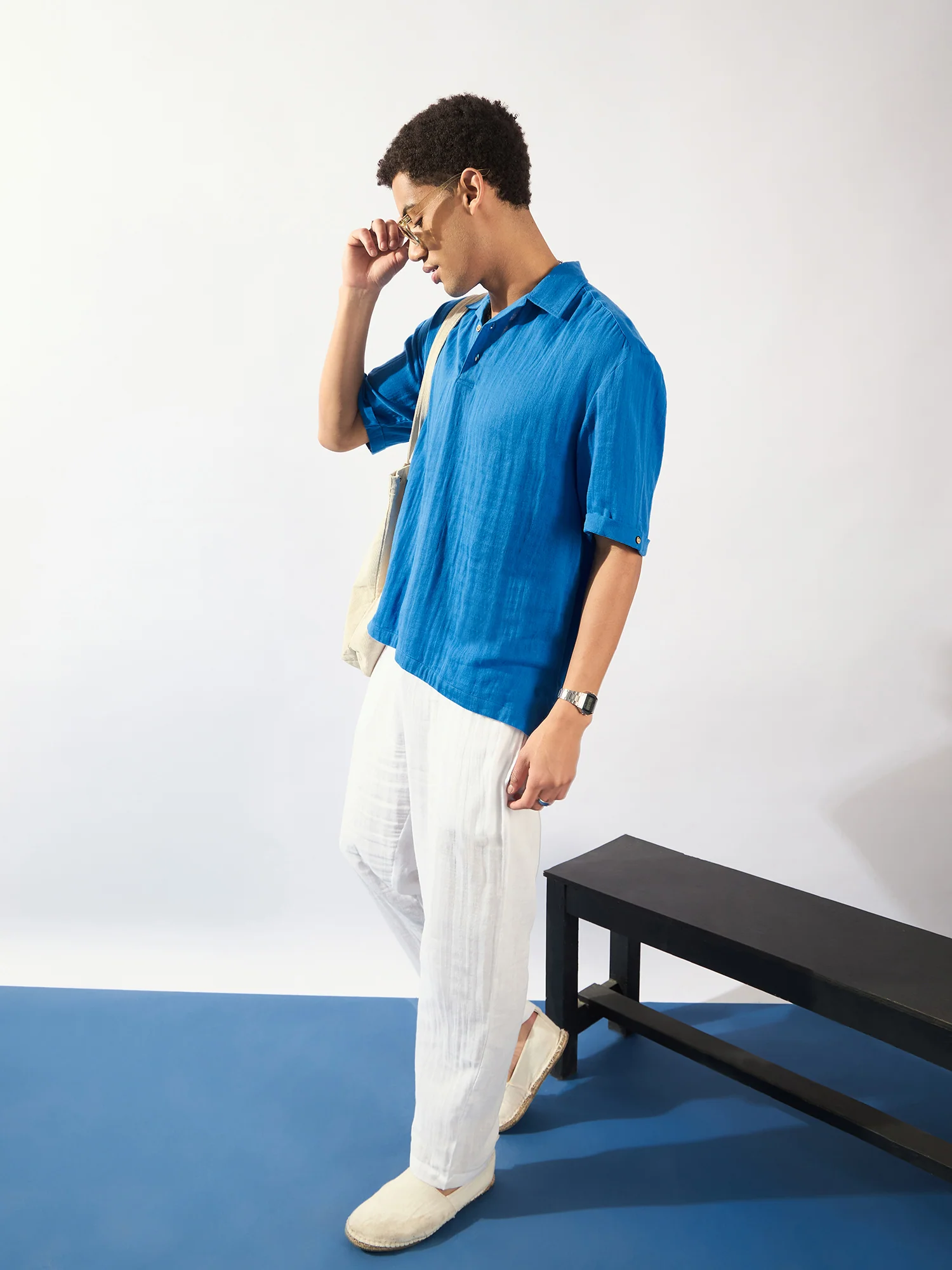Blue: Half Sleeves Muslin Oversized Kurta Shirt