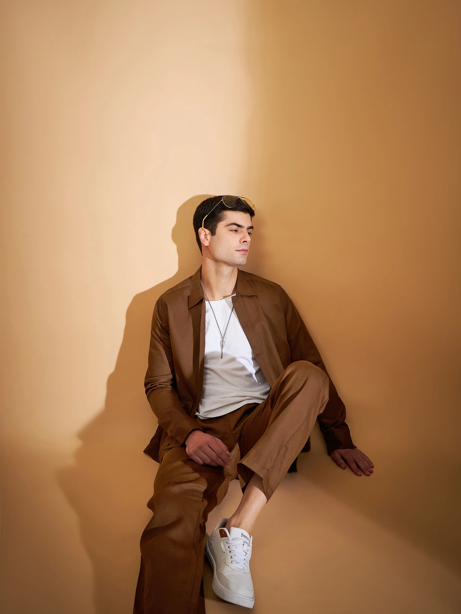 DENNISON Men Brown Coord Set | Solid Shirt With Straight Fit Pant