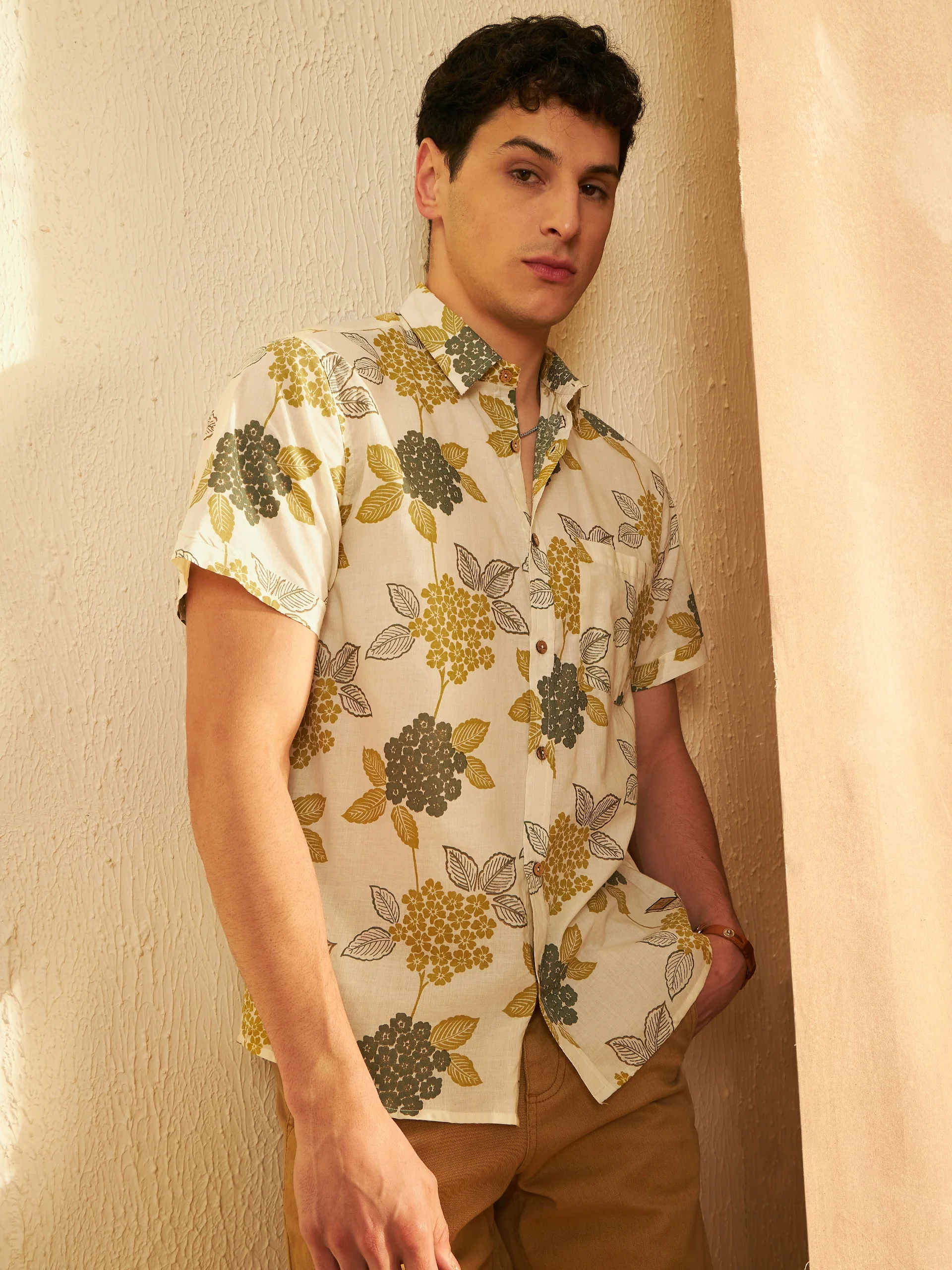 Cream: Half Sleeves Block Printed Shirt
