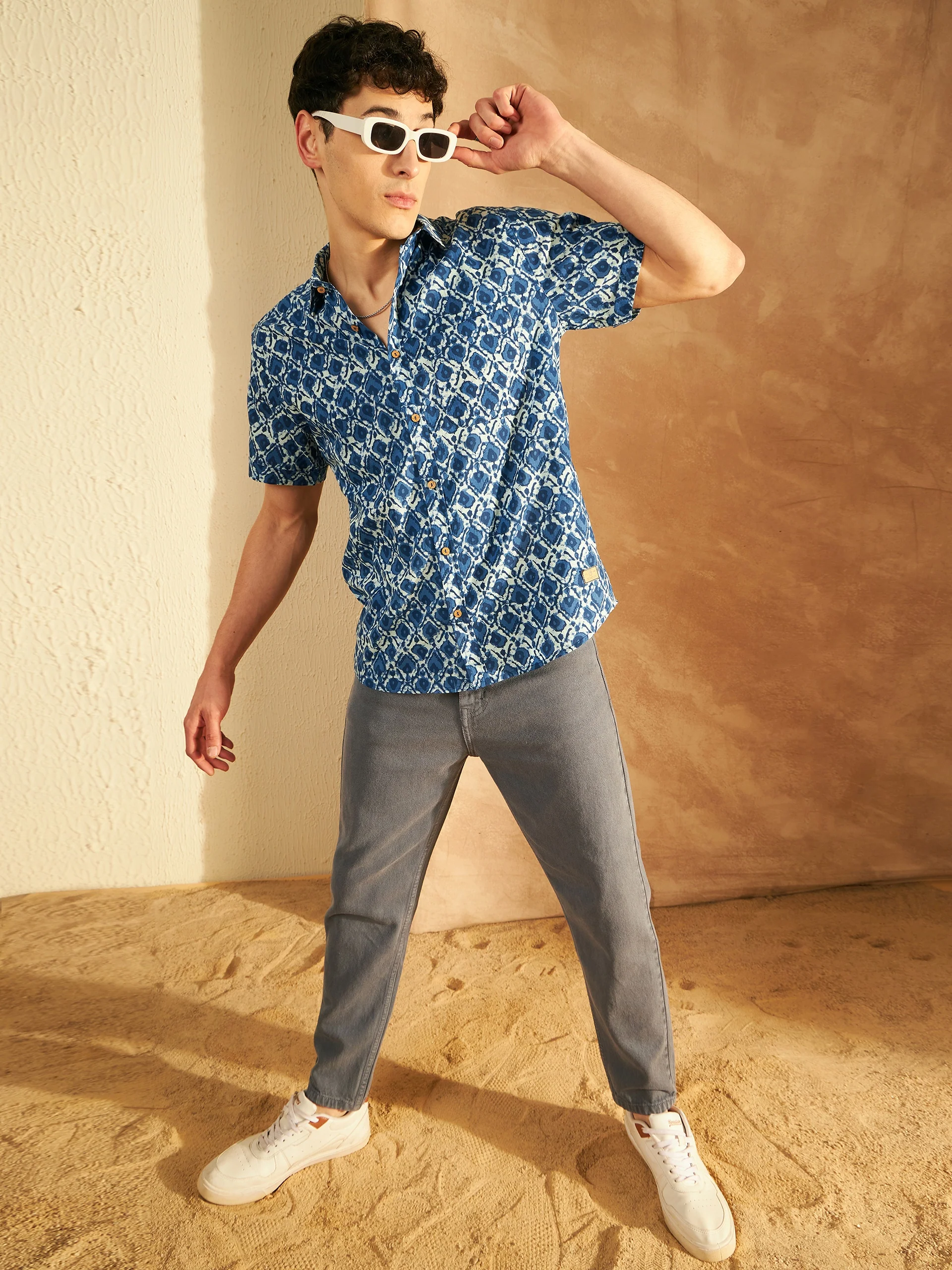Blue: Half Sleeves Lightweight Block Printed Shirt