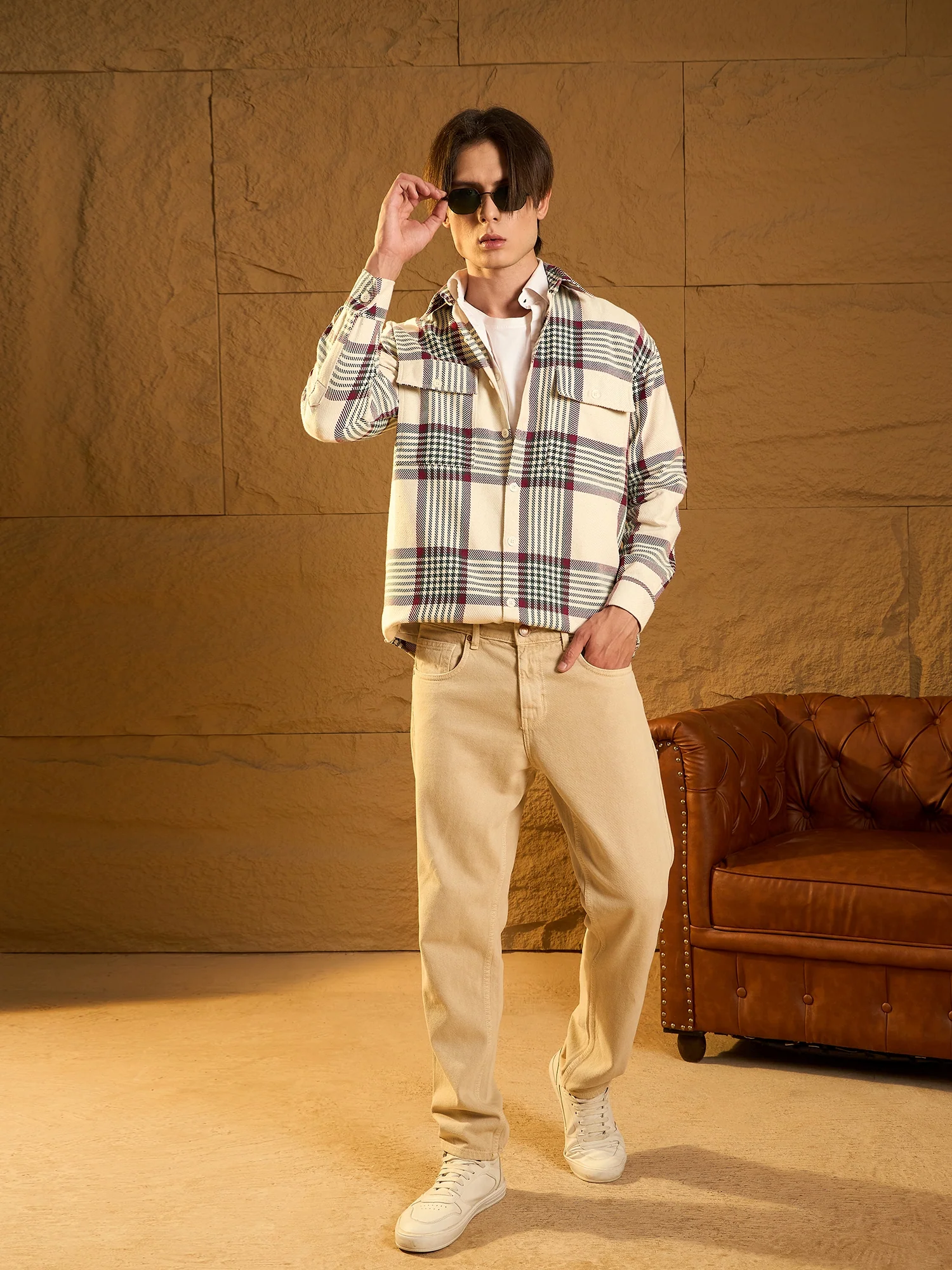 Off White & Green: Checked Oversized Cotton Shacket