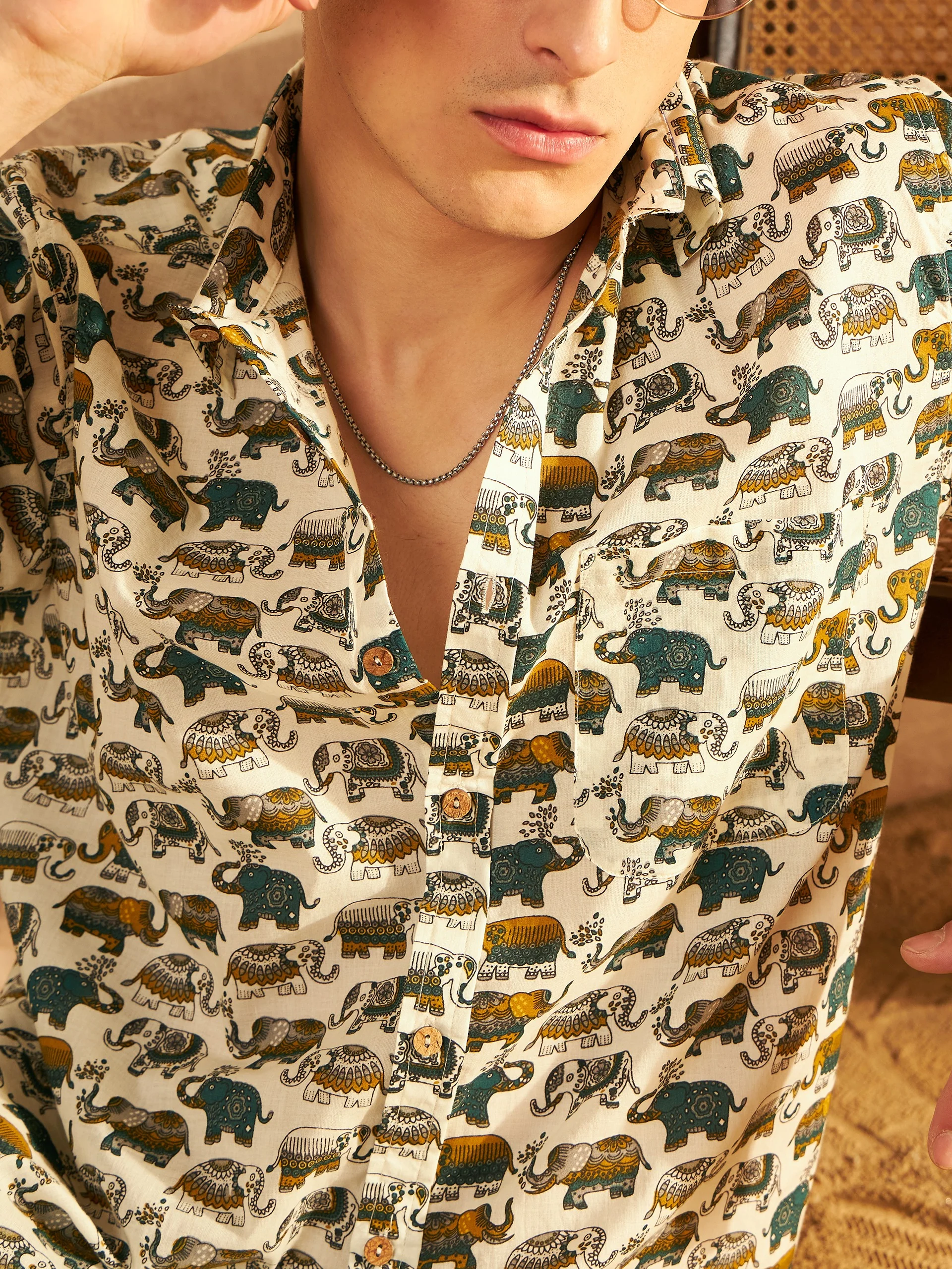 Cream & Mustard: Half Sleeves Block Printed Shirt