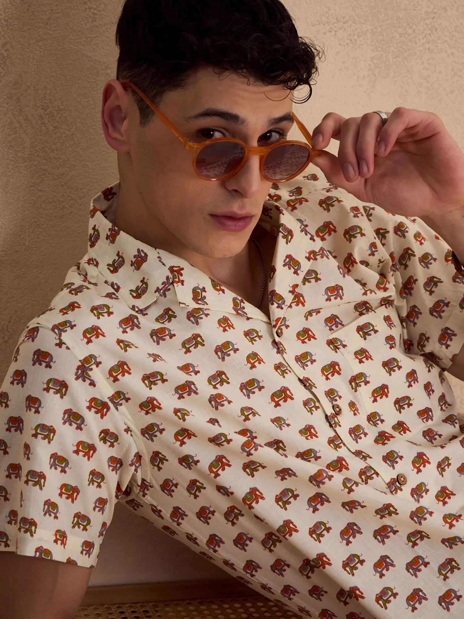 Men's Cream Block Printed Coord Set | Printed Shirt With Shorts