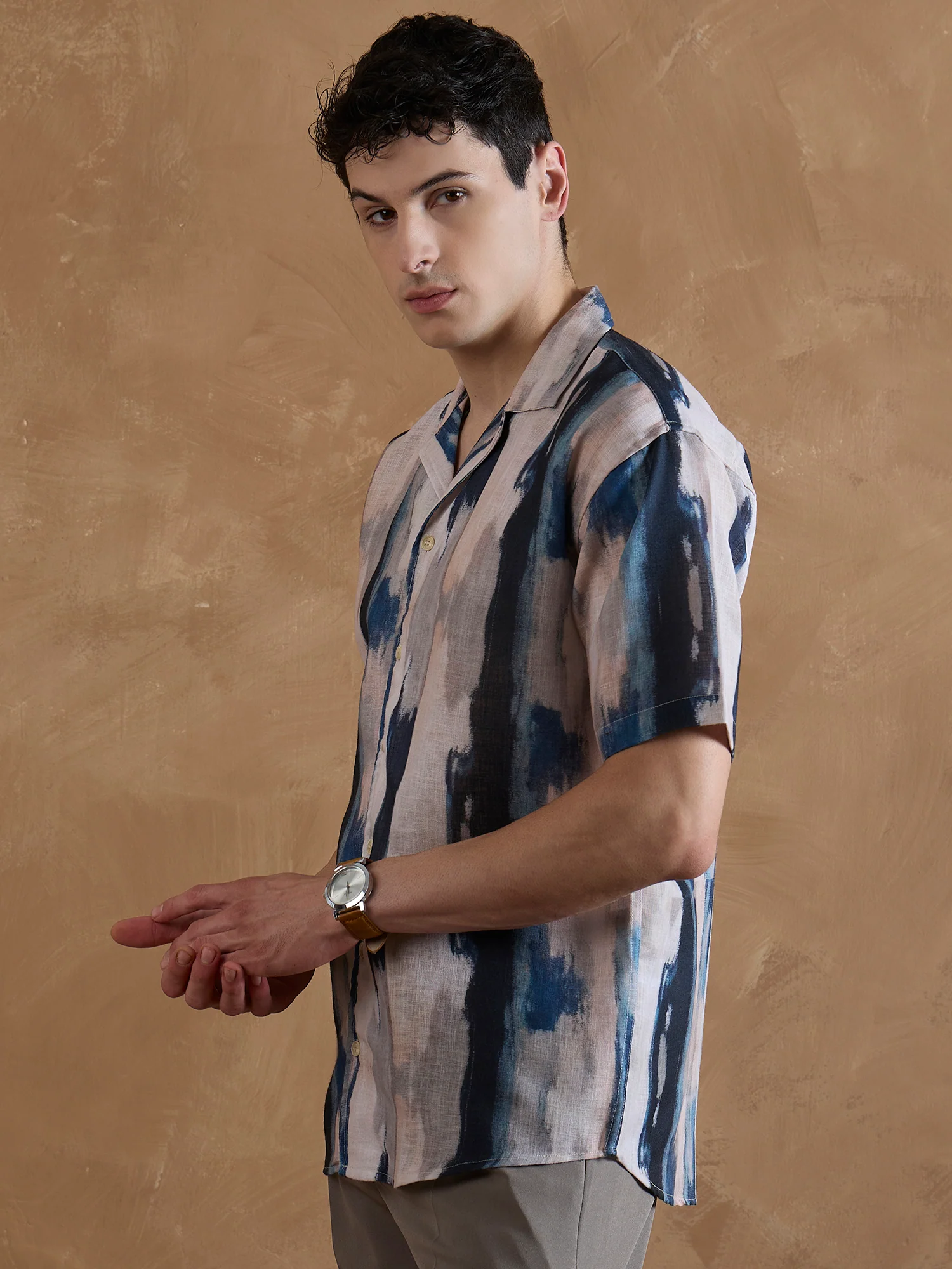 Blue & Cream: Half Sleeves Abstract Printed Shirt