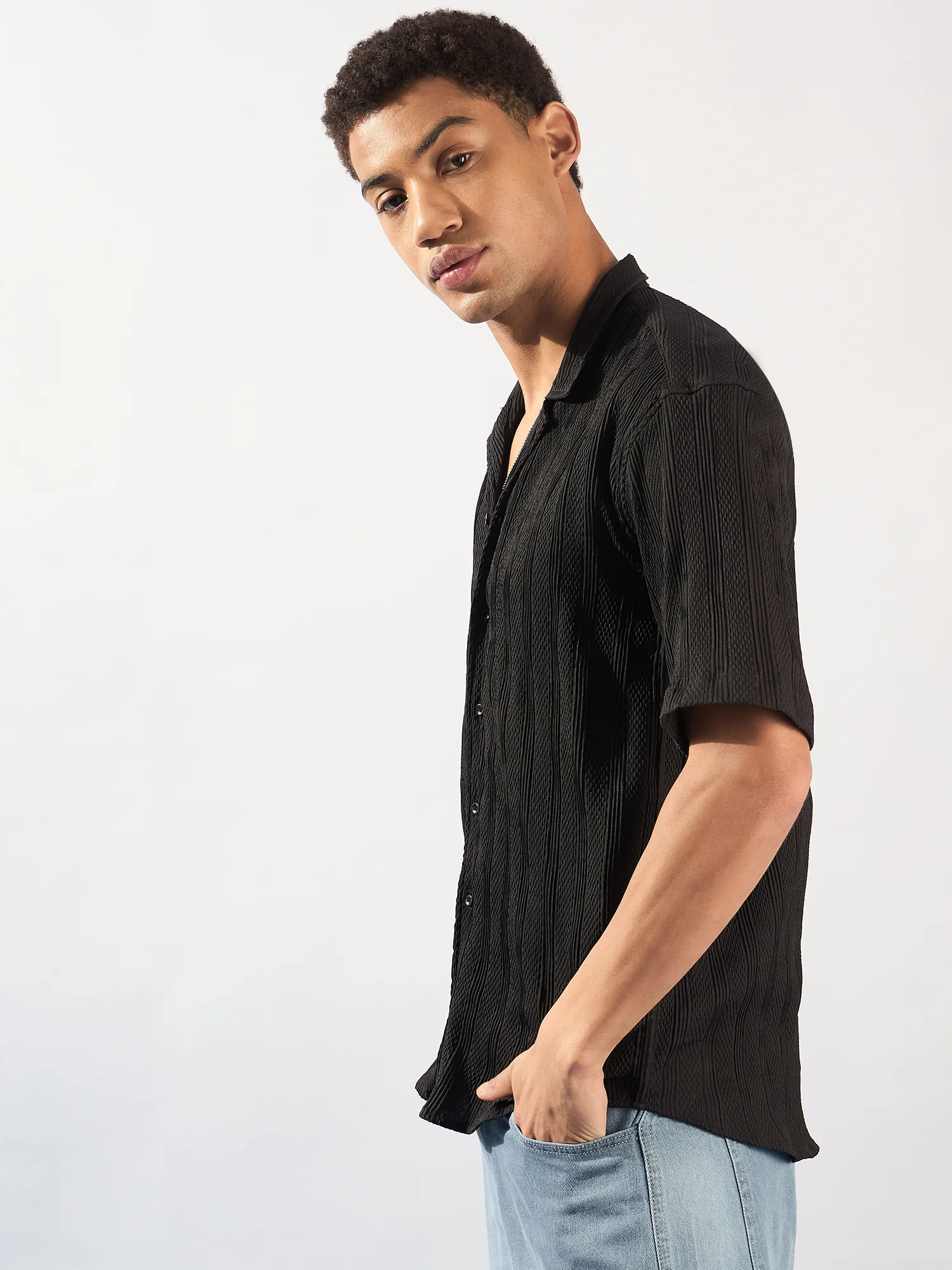 Black: Self Design Oversized Casual Shirt