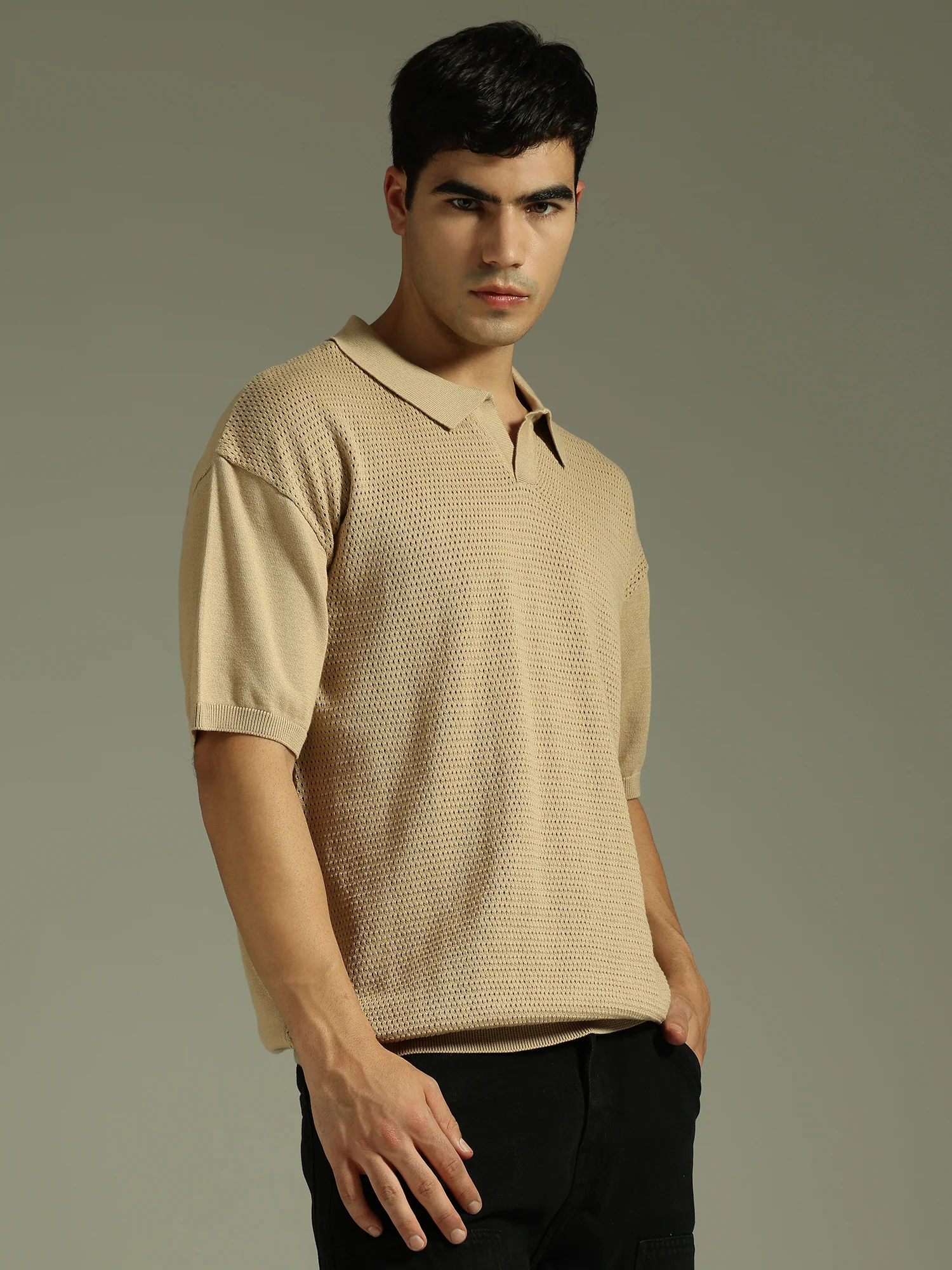Light Brown: Relaxed Semi Sheer Polo T-Shirt