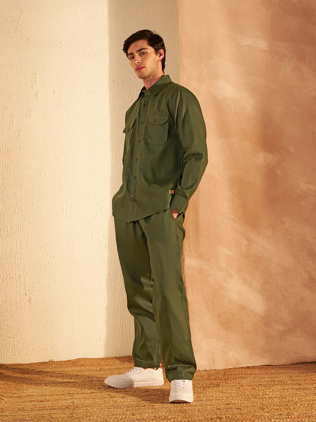 DENNISON Men Olive Coord Set | Solid Shirt With Straight Fit Pant