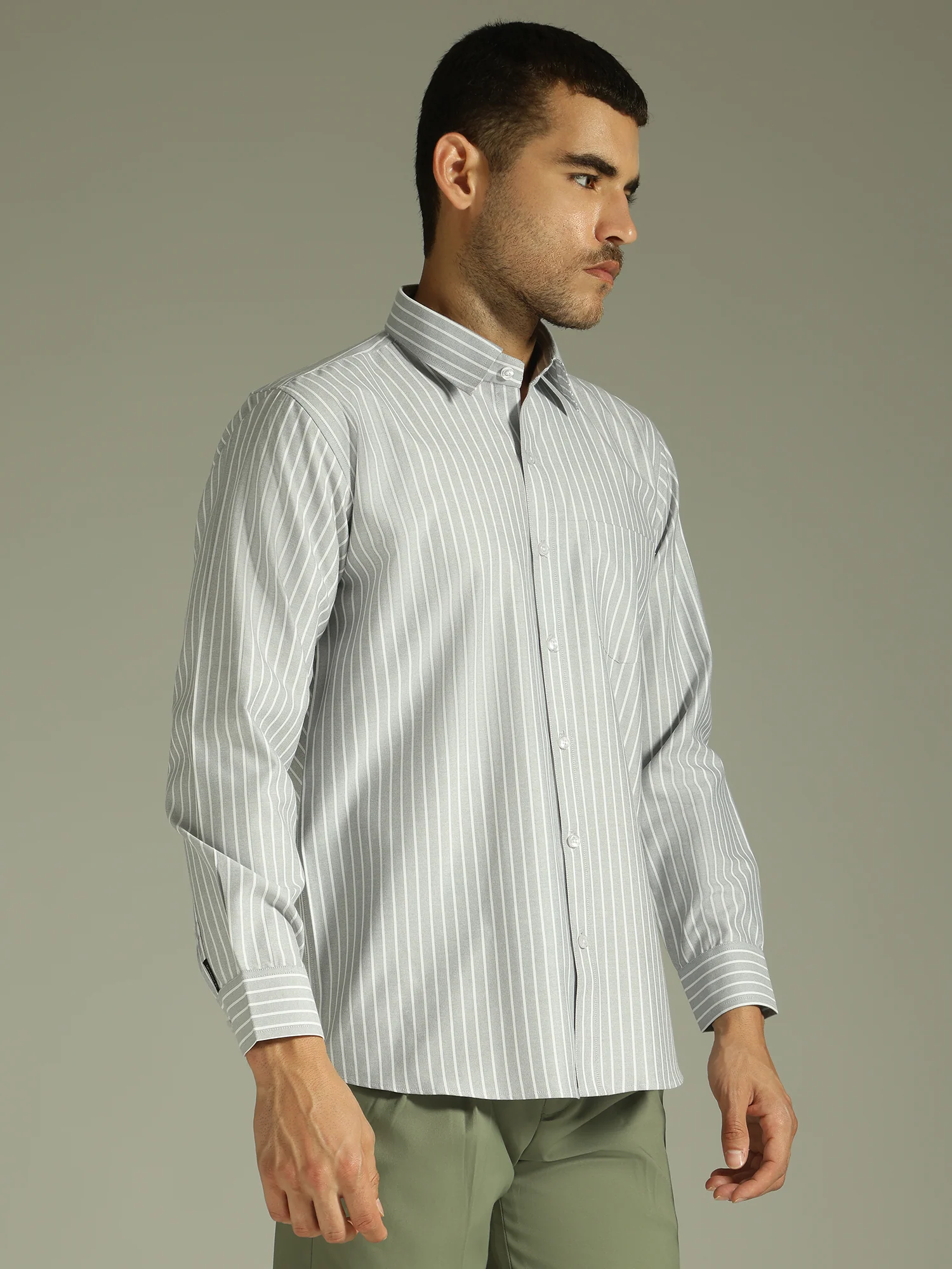 Grey & White: Vertical Stripes Formal Shirt