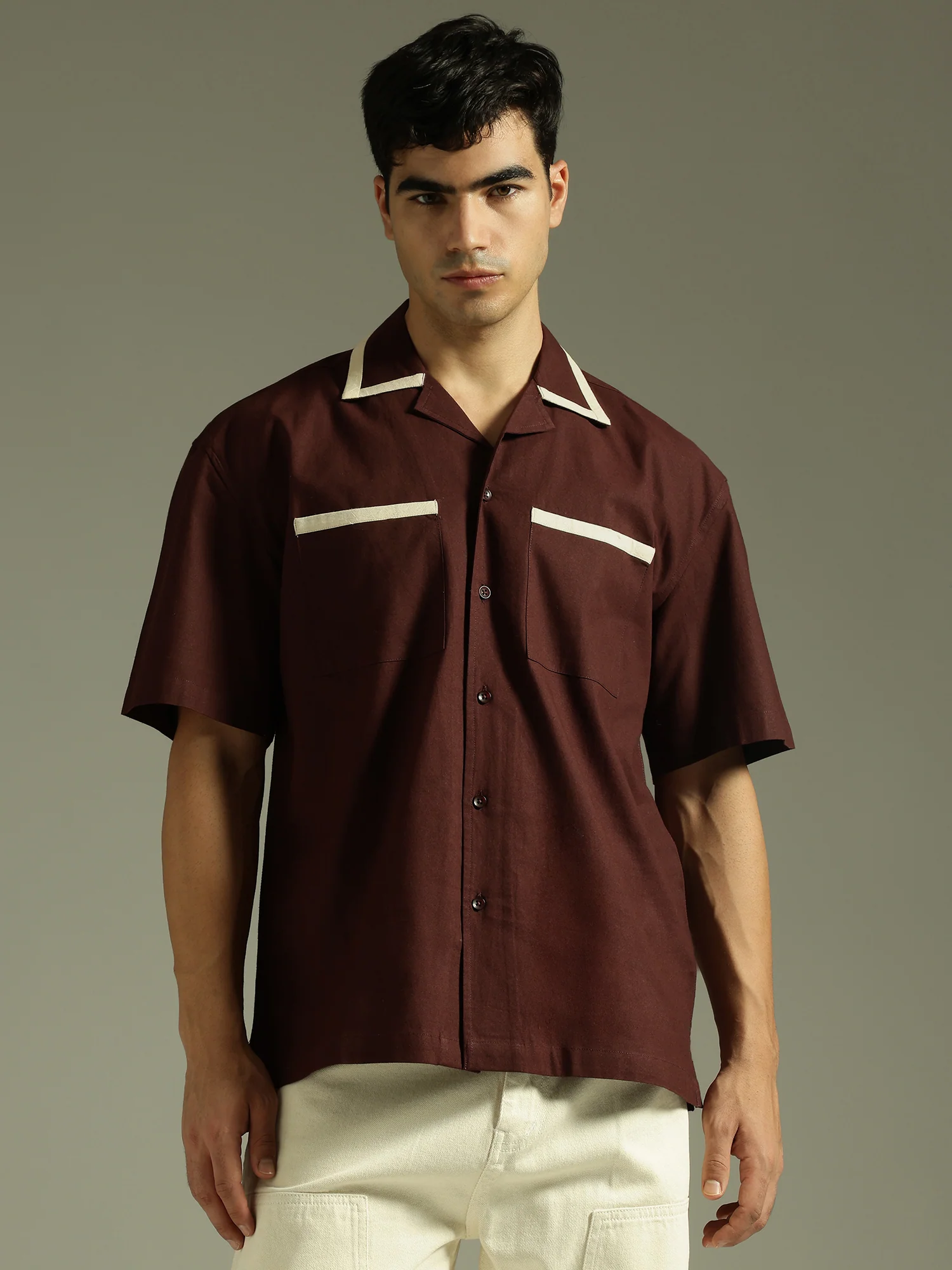 Brown & Cream: Double Pocket Oversized Cotton Shirt