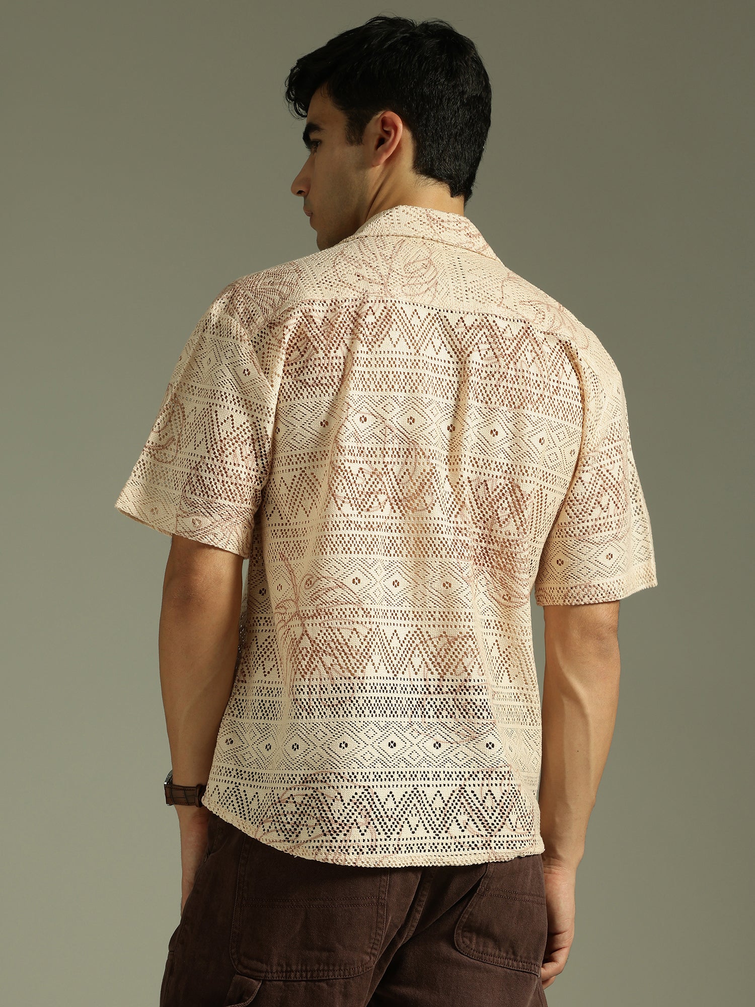 Beige: Half Sleeves Schiffli Semi Sheer Oversized Shirt