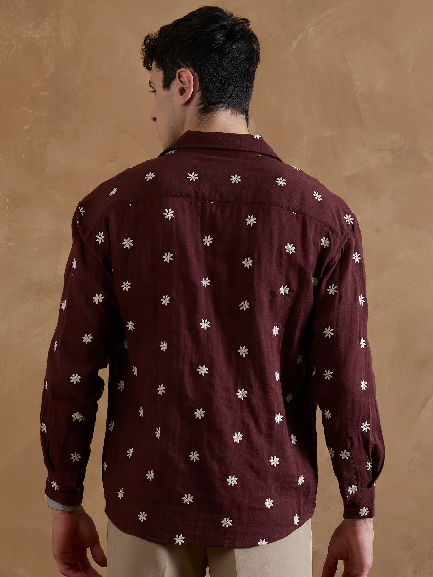 Maroon: Full Sleeves Muslin Embroidered Shirt