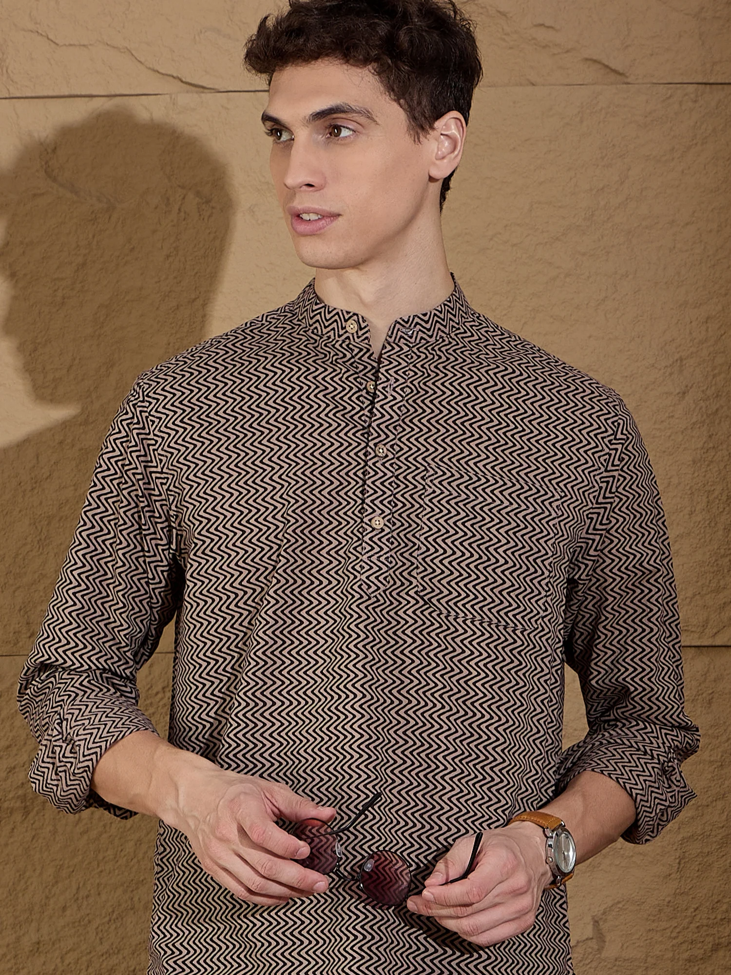 Black and Brown: Full Sleeves Printed Short Kurta