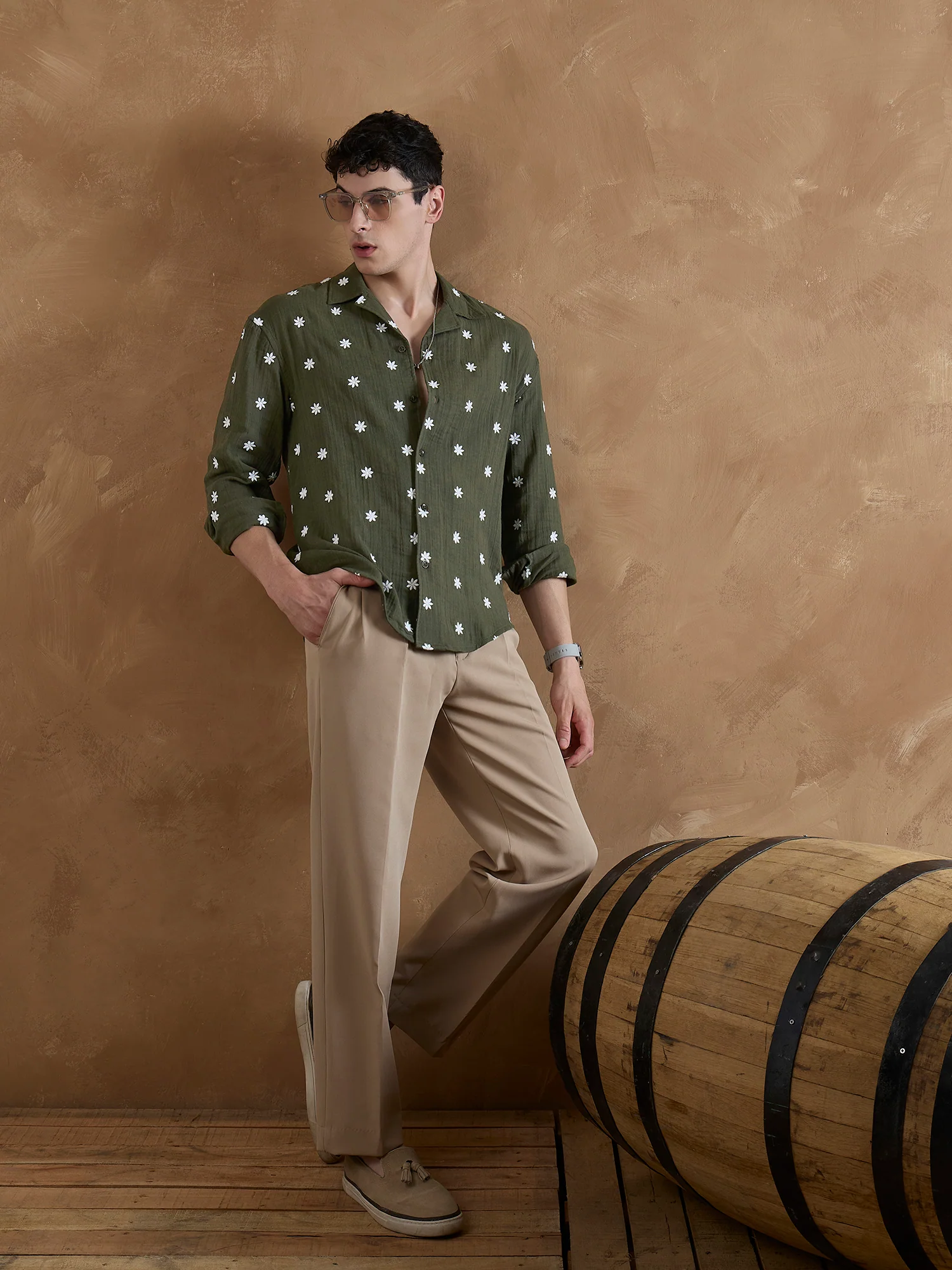 Olive:Full Sleeves Muslin Embroidered Shirt