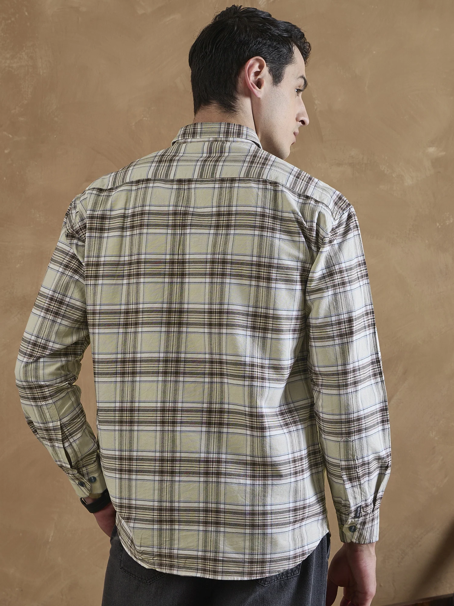 Cream & Brown: Full Sleeves Double Pocket Checkered Shirt