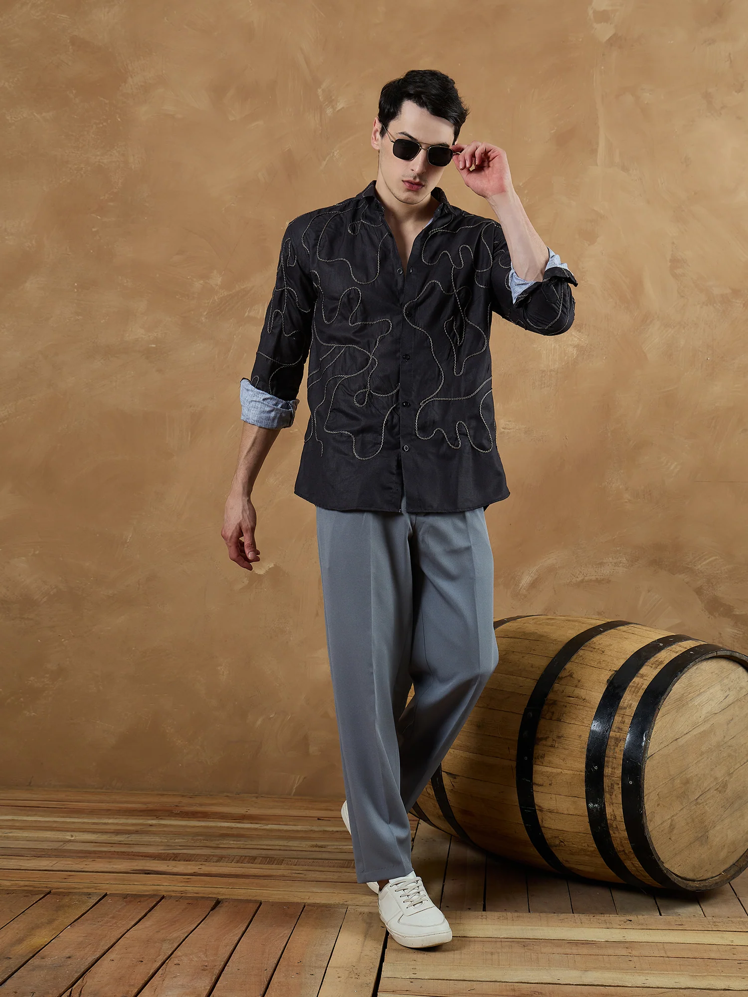 Black & Grey: Full Sleeves Embroidered Shirt